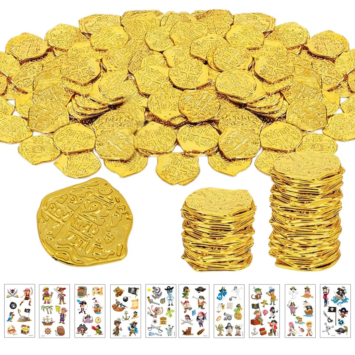 100 sztuk pirackich złotych monet, pirackich skarbów, dekoracja piracka, tatuaż dla dzieci, piraci, poszukiwanie skarbów, dekoracja na urodziny dziecka, upominek Halloween