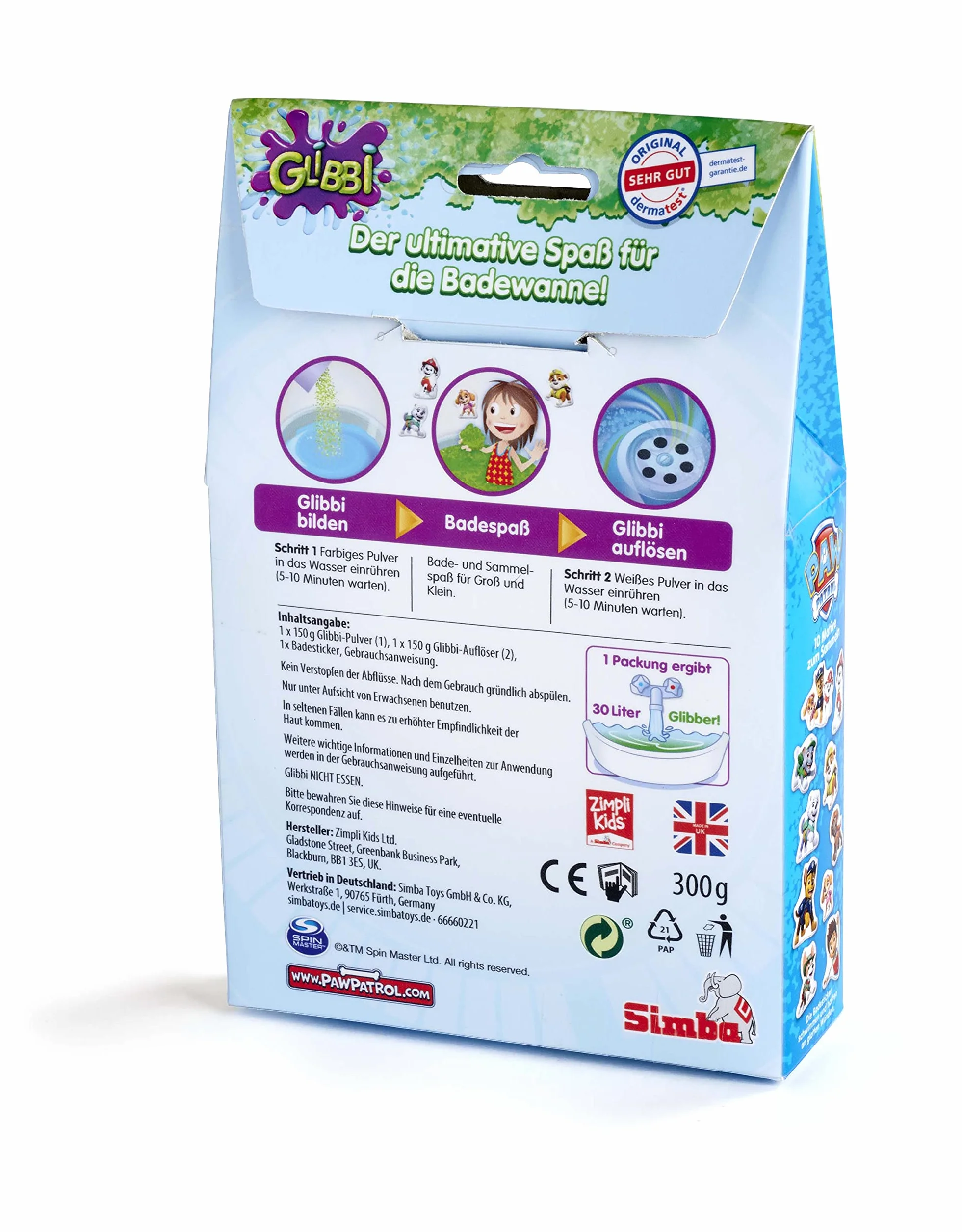 Simba 105953531 – Glibbi Psi Patrol, zabawka do wanny, zabawka wodna, proszek zamienia wodę w zieloną, żelową masę i z powrotem, łącznie z naklejką do kąpieli, 300 g, od 3 lat