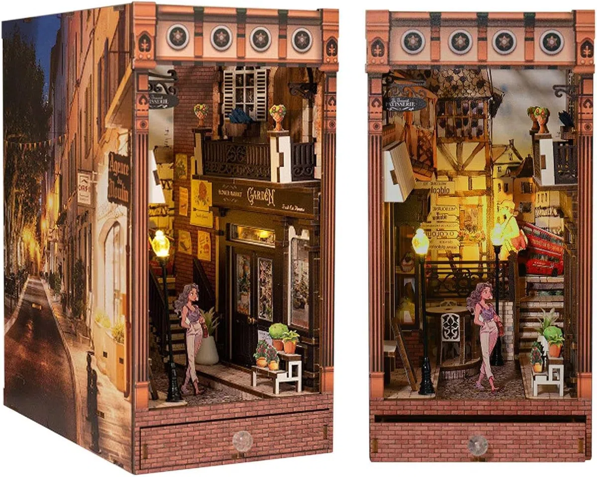 Model edukacyjny Zestaw do samodzielnego czytania książek, model 3D domek dla lalek Booknook, zestaw kreatywny podpórek do książek ze światłem LED, miniaturowe rękodzieło DIY prezenty hobby, drewniane
