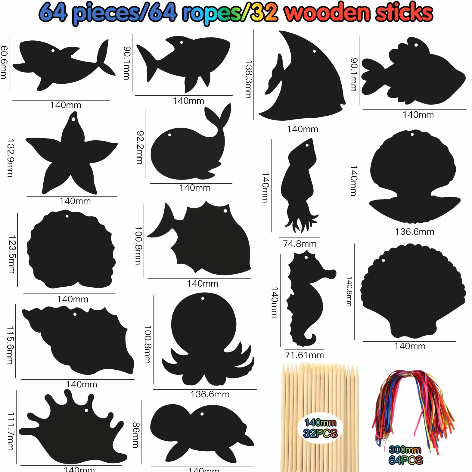 64 arkusze obrazków do zdrapywania ze zwierzętami morskimi dla dzieci, papier do zdrapywania tęczowy Scratch Art z drewnianymi patyczkami, sznurkami, DIY zwierzęta morskie, rysowanie, majsterkowanie