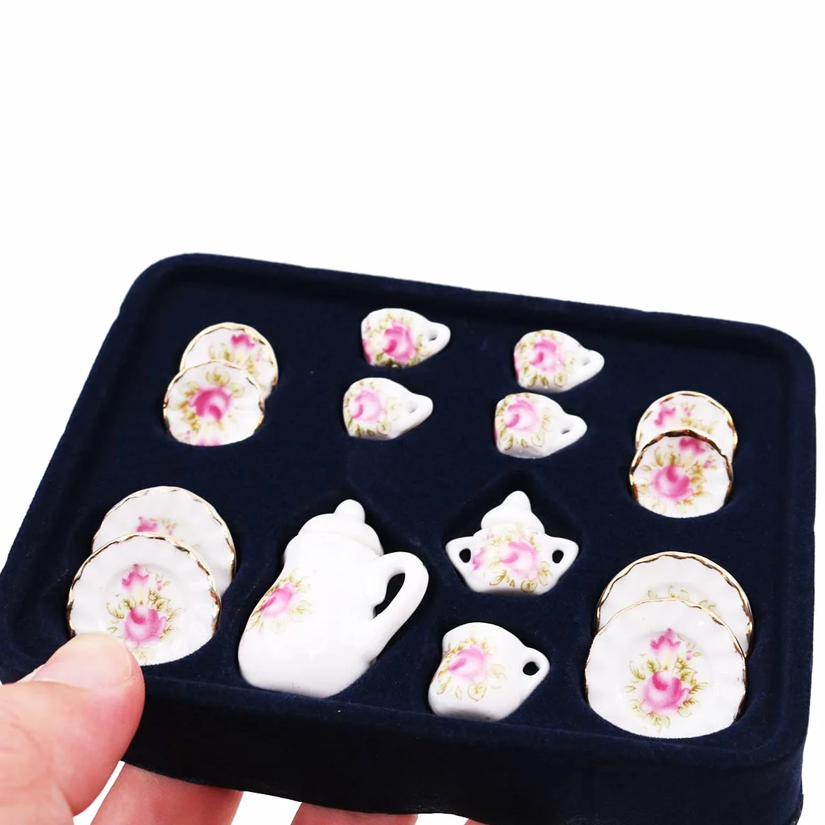 WANGCL Domek dla lalek zestaw do herbaty miniaturowy zestaw do herbaty 15 szt. zastawa stołowa porcelanowe kubki akcesoria do domku dla lalek 1/12 Barbie domek dla lalek Lundby domek dla lalek