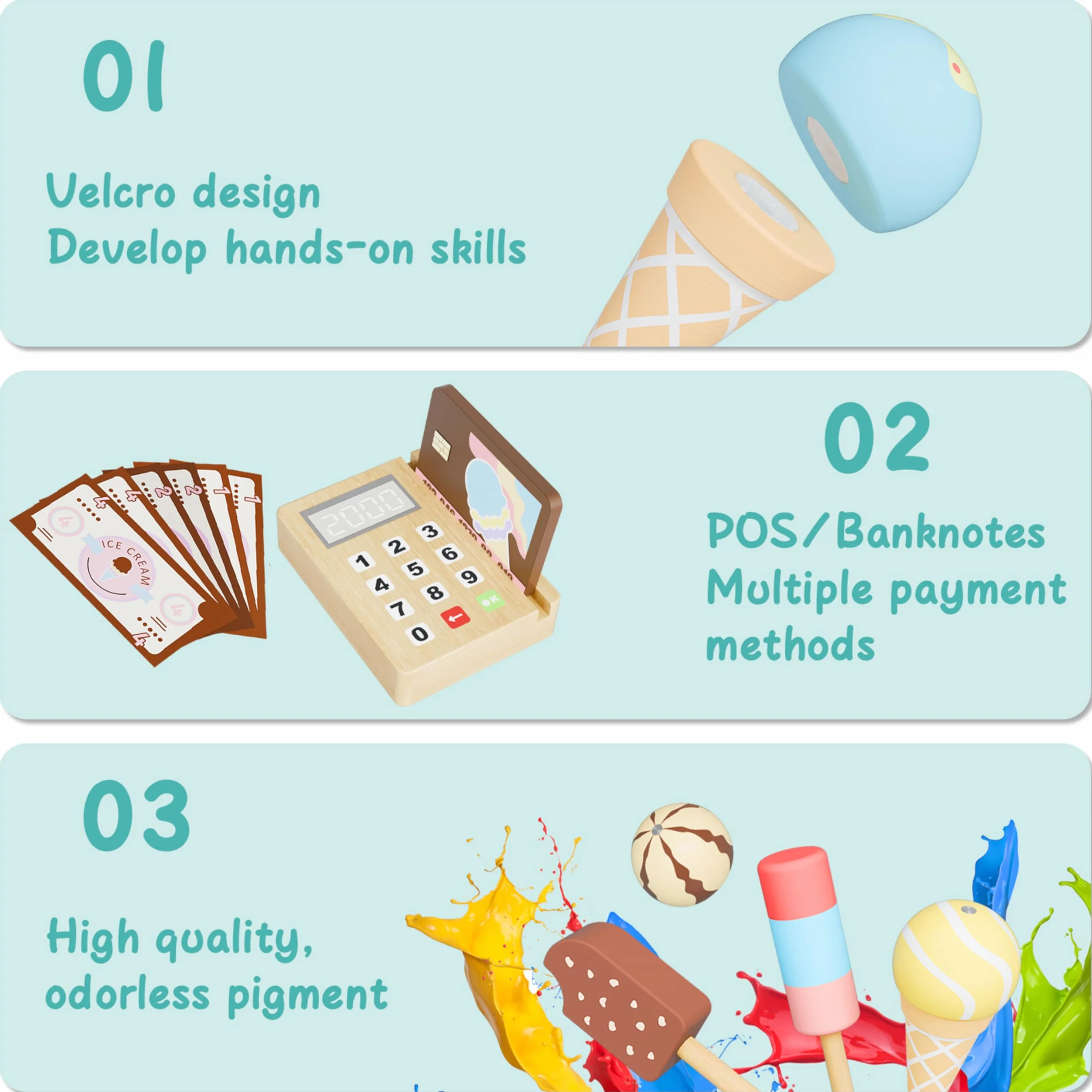 Drewniana zabawka do lodziarni dla dzieci, Drewniana zabawka do lodów dla dziewczynek w wieku 3, 4, 5 i 6 lat, Akcesoria kuchenne, Drewniana zabawka Montessori, Prezent dla dziewczynek i chłopców