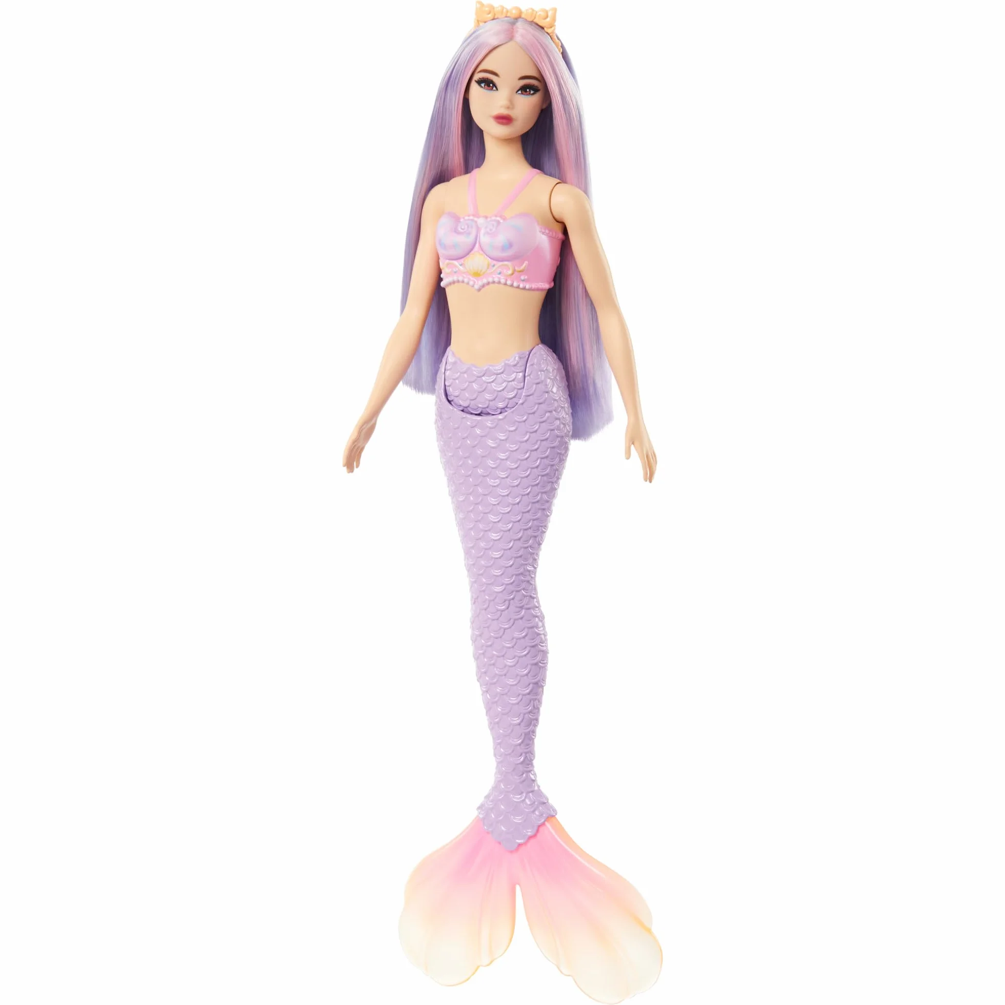Barbie Syrenka podstawowa Lalka z długimi fioletowymi włosami, opaską do włosów, muszelkowym topem i lawendowym ogonem, HRR06