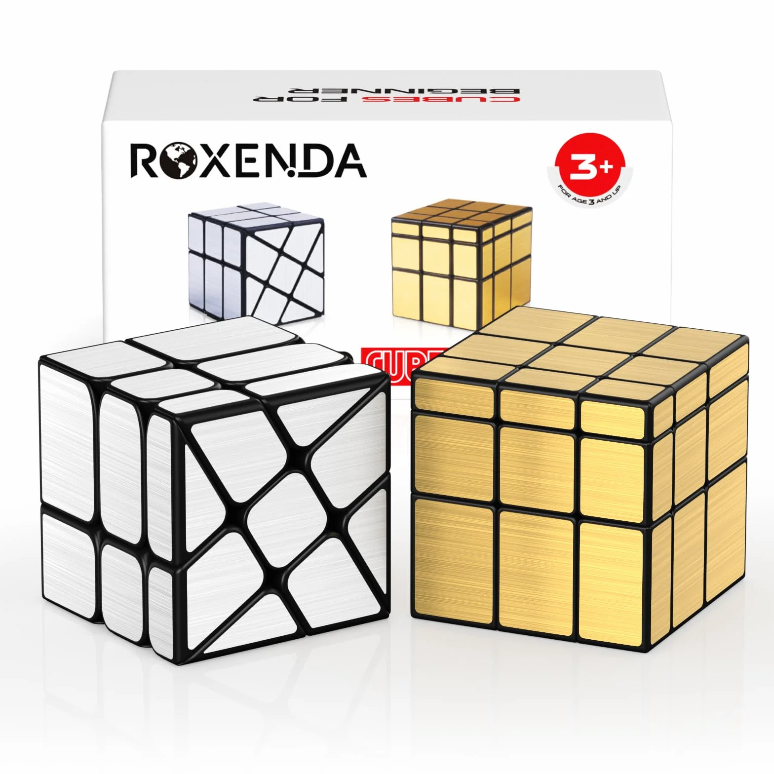 ROXENDA Speedcube zestaw 2 lusterek w kolorze złotym w kształcie litery S, srebrne kostki z ochroną przed wiatrem, nieregularne podmuchy Speedcubing 3 x 3 x 3 Speed Cube Twisty Box, puzzle, złoty