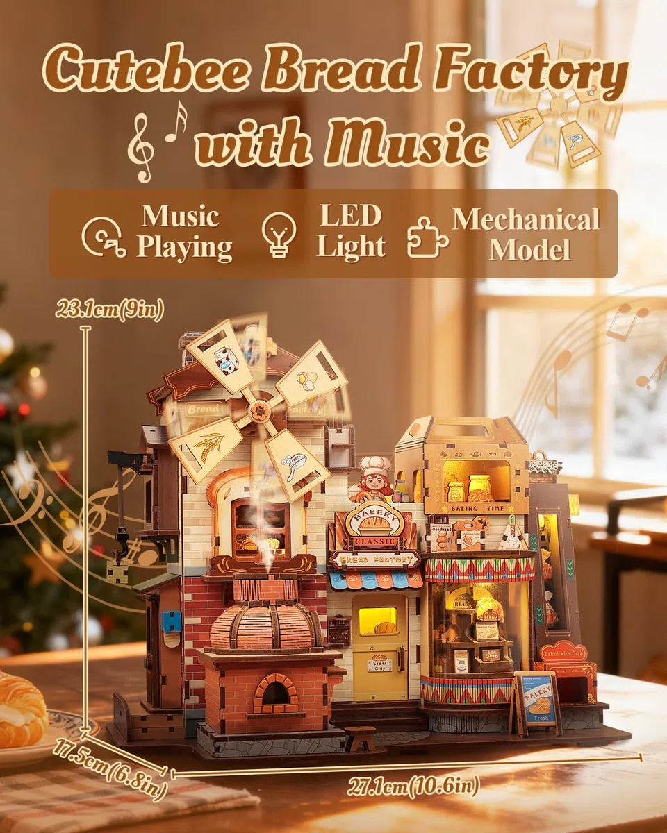 CUTEBEE Operacyjny Domek dla Lalek DIY Mechaniczny Miniaturowy Dom z Muzyką,Pyszne Wypiekanie Chleba,Deko do Półki na Książki,Prezenty(Bread Factory)