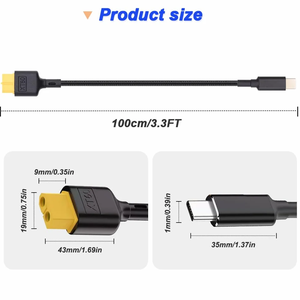 XT60 do typu C kabel do szybkiego ładowania, gniazdo XT60 do wtyczki USB-C 100 W 20 V/5 A kabel do ładowania do akumulatora RC Lipo Quadcopter Multicopter Aeromodelling, z wtyczką XT60 na