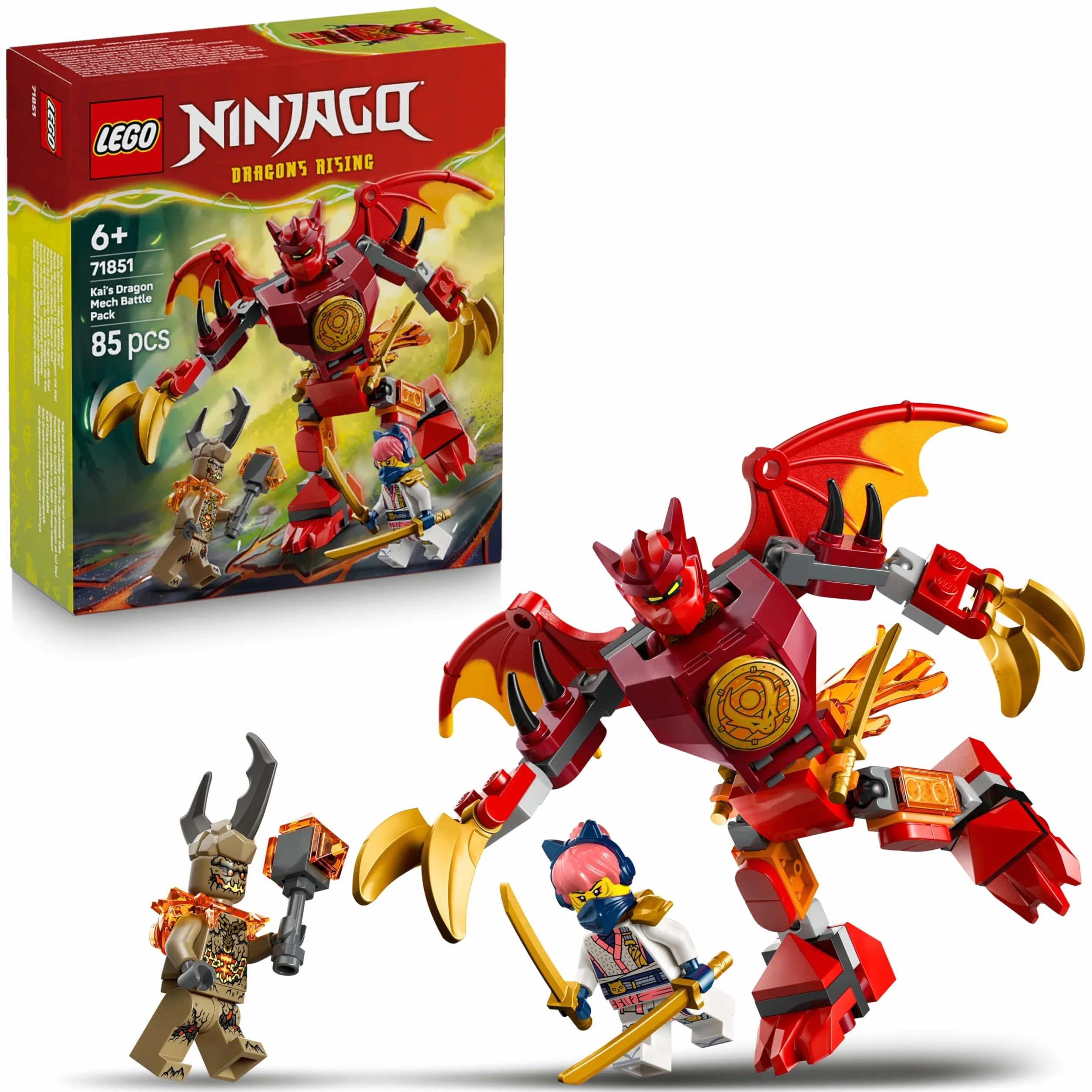 LEGO NINJAGO Smok-mech Kaia — zestaw bitewny, zabawka dla dzieci w wieku od 6 lat, zestaw klocków z trzema minifigurkami, drobny upominek, ninja prezent urodzinowy dla chłopca i dziewczynki 71851