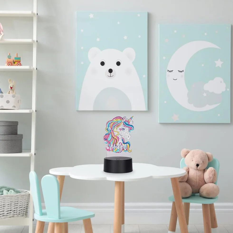 AUAUY 5D Diamentowa Lampa Malarska, Zestaw Nocnych Lampek DIY, 7 Kolorów Nocnej Lampki dla Dzieci, Jednorożec LED Kreatywne Diamentowe Malowanie dla Dziewczynek i Chłopców Dekoracja Sypialni