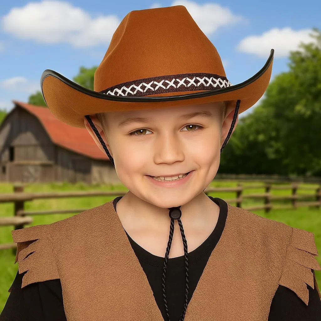 Boland 54370 - Kapelusz dziecięcy Kowboy Junior, brązowy, obszycie, sznurek do kapelusza, jeden rozmiar, karnawał, Halloween, karnawał, impreza tematyczna, kostium, teatr, przebranie, akcesoria