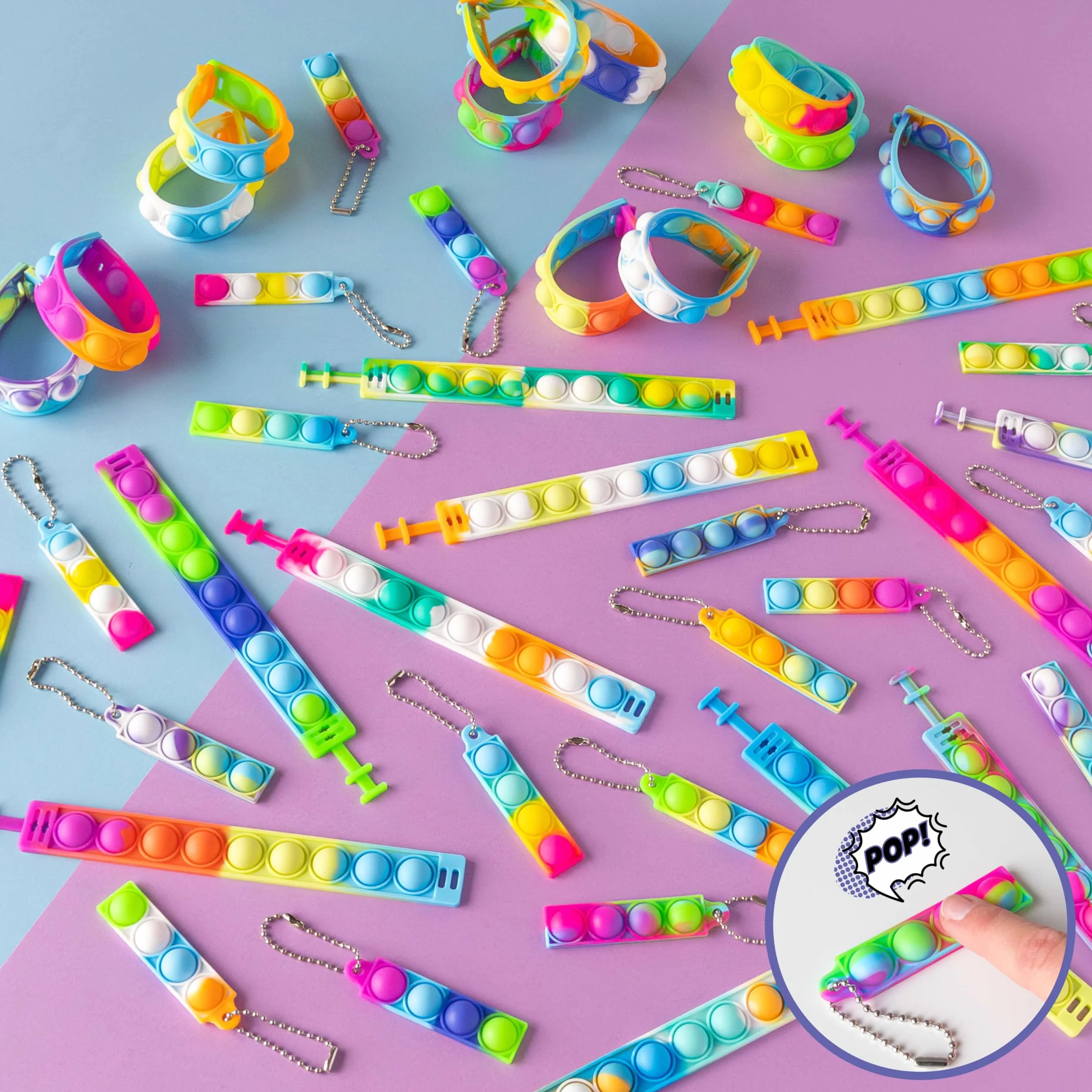 BONNYCO Bransoletki i Breloczki Pop It do Wypełniania Worków na Imprezę dla Dzieci Unisex 30 Szt. Wypełnienie Worków Imprezy, Zabawki Antystresowe, Upominki na Przyjęcie Dziecięce