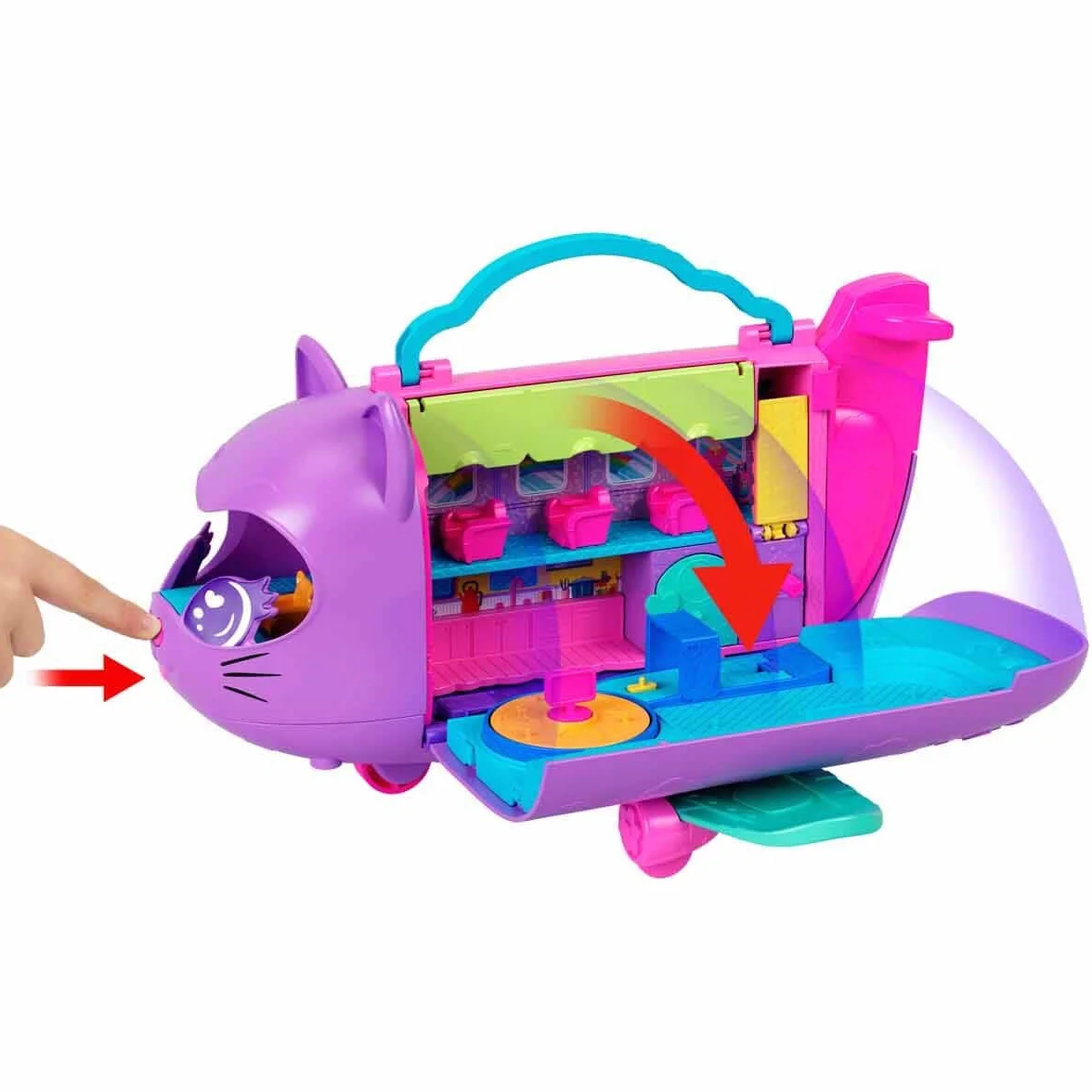Polly Pocket Kotolot Zestaw samolot z 2 mikrolalkami, figurką zwierzątka, miejscem do przechowywania i akcesoriami, przenośna zabawka dla dzieci, HWP19
