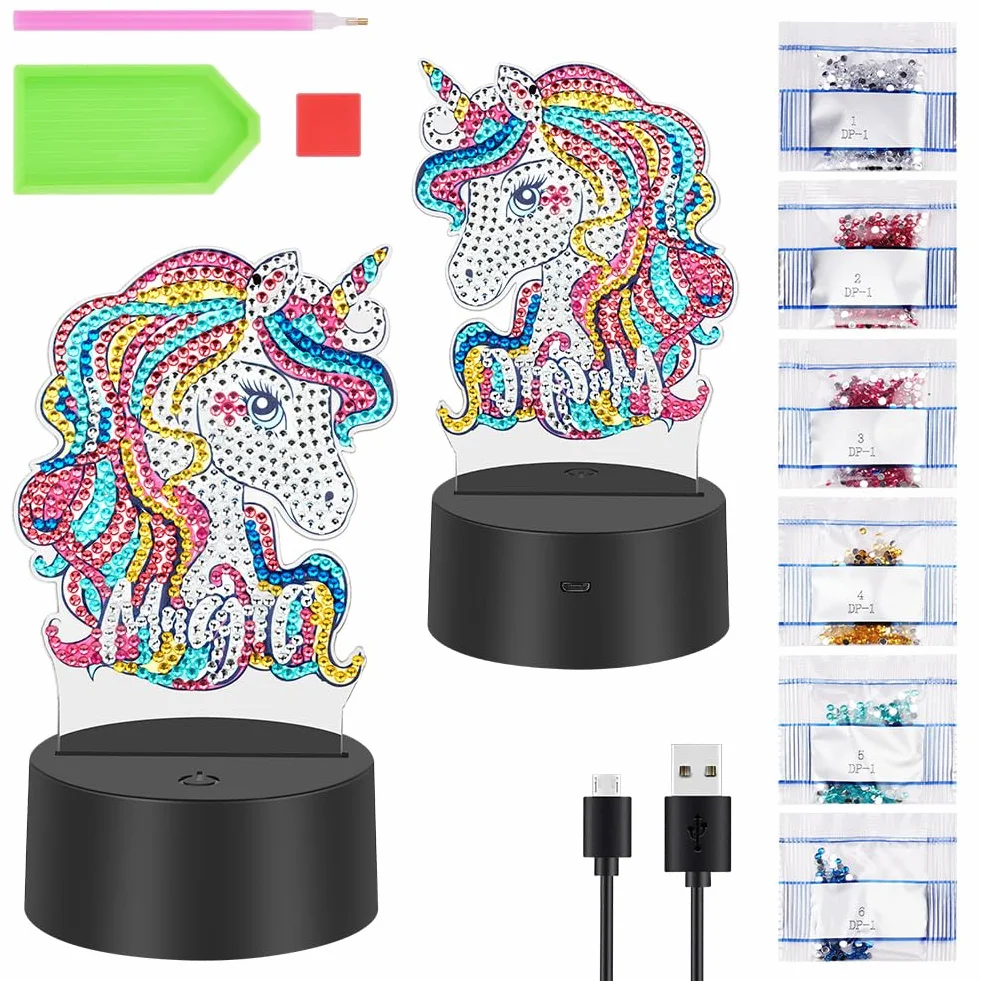 AUAUY 5D Diamentowa Lampa Malarska, Zestaw Nocnych Lampek DIY, 7 Kolorów Nocnej Lampki dla Dzieci, Jednorożec LED Kreatywne Diamentowe Malowanie dla Dziewczynek i Chłopców Dekoracja Sypialni
