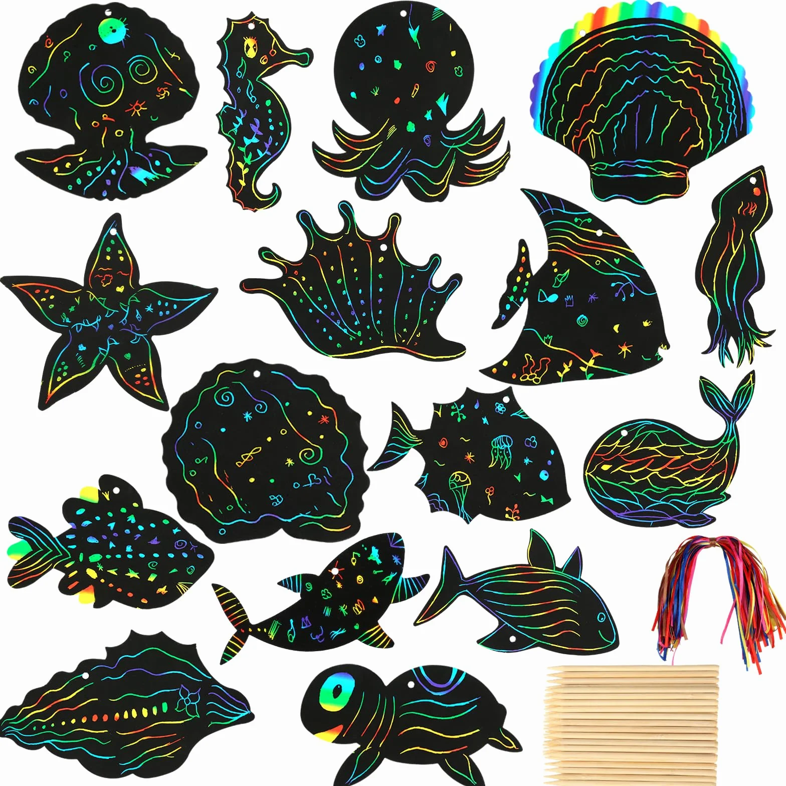 64 arkusze obrazków do zdrapywania ze zwierzętami morskimi dla dzieci, papier do zdrapywania tęczowy Scratch Art z drewnianymi patyczkami, sznurkami, DIY zwierzęta morskie, rysowanie, majsterkowanie