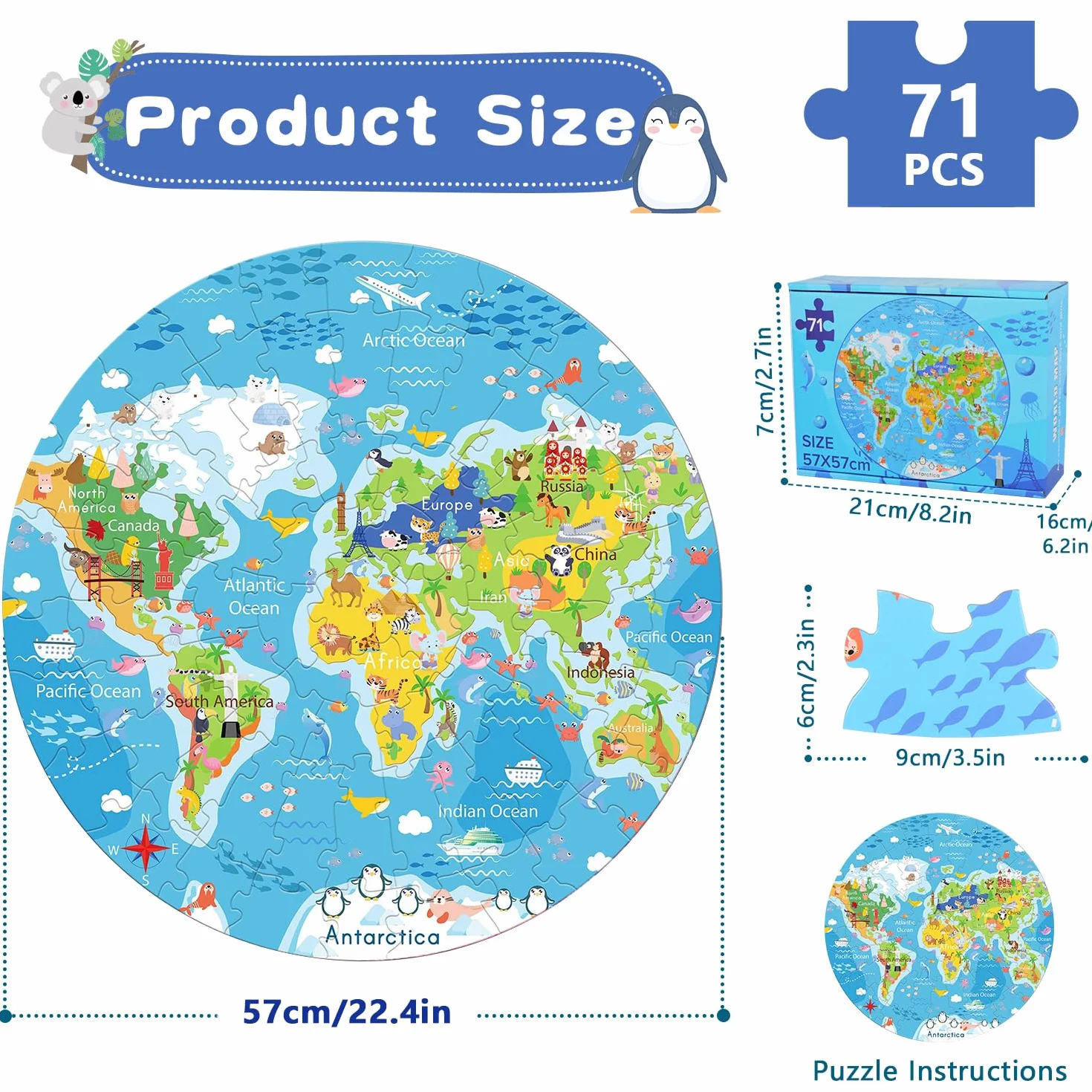 Puzzle dla dzieci, 71 elementów mapy świata puzzle dla 3-latków, okrągłe puzzle dla chłopców i dziewcząt w wieku od 3 do 8 lat, edukacyjne gry edukacyjne, zabawki urodzinowe dla