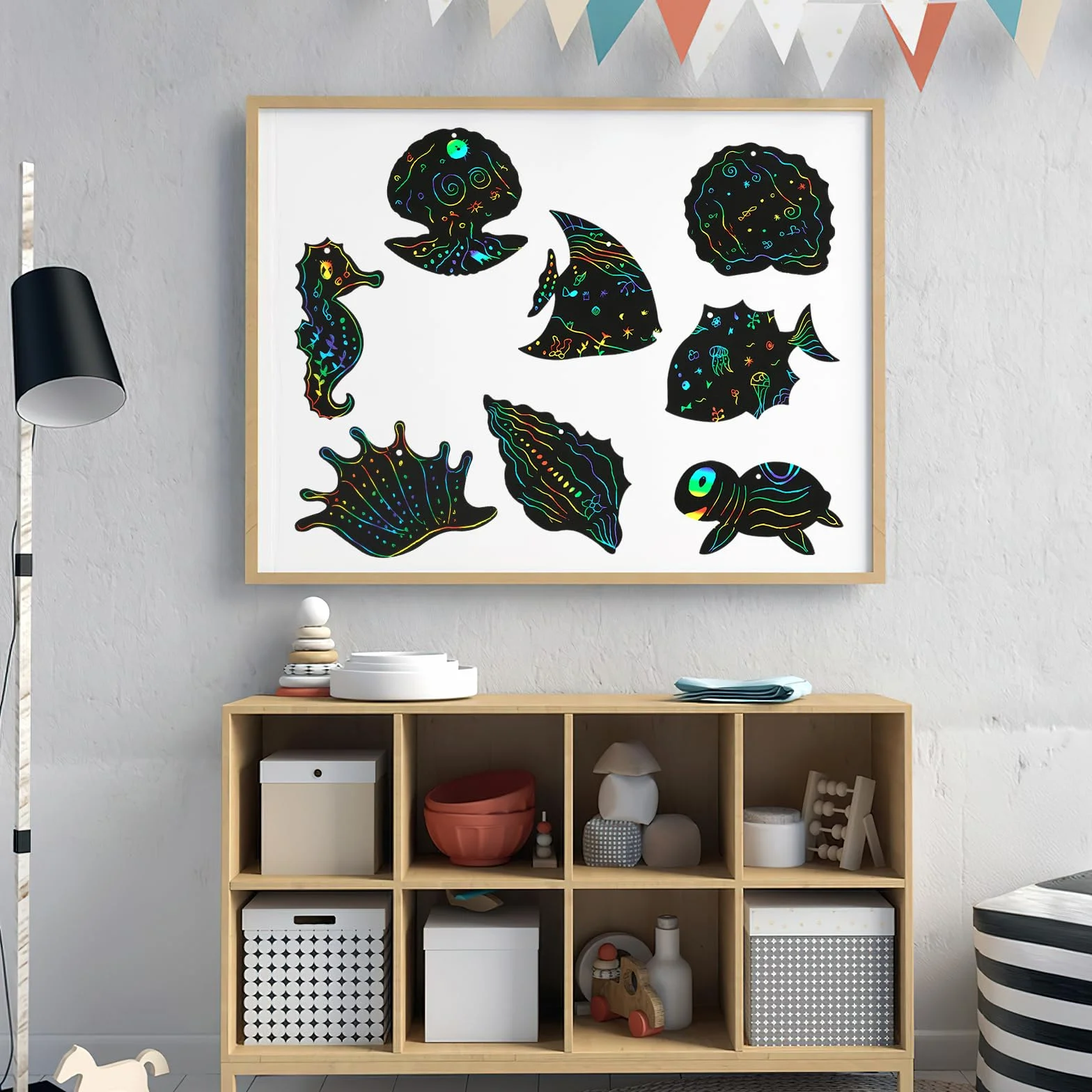 64 arkusze obrazków do zdrapywania ze zwierzętami morskimi dla dzieci, papier do zdrapywania tęczowy Scratch Art z drewnianymi patyczkami, sznurkami, DIY zwierzęta morskie, rysowanie, majsterkowanie