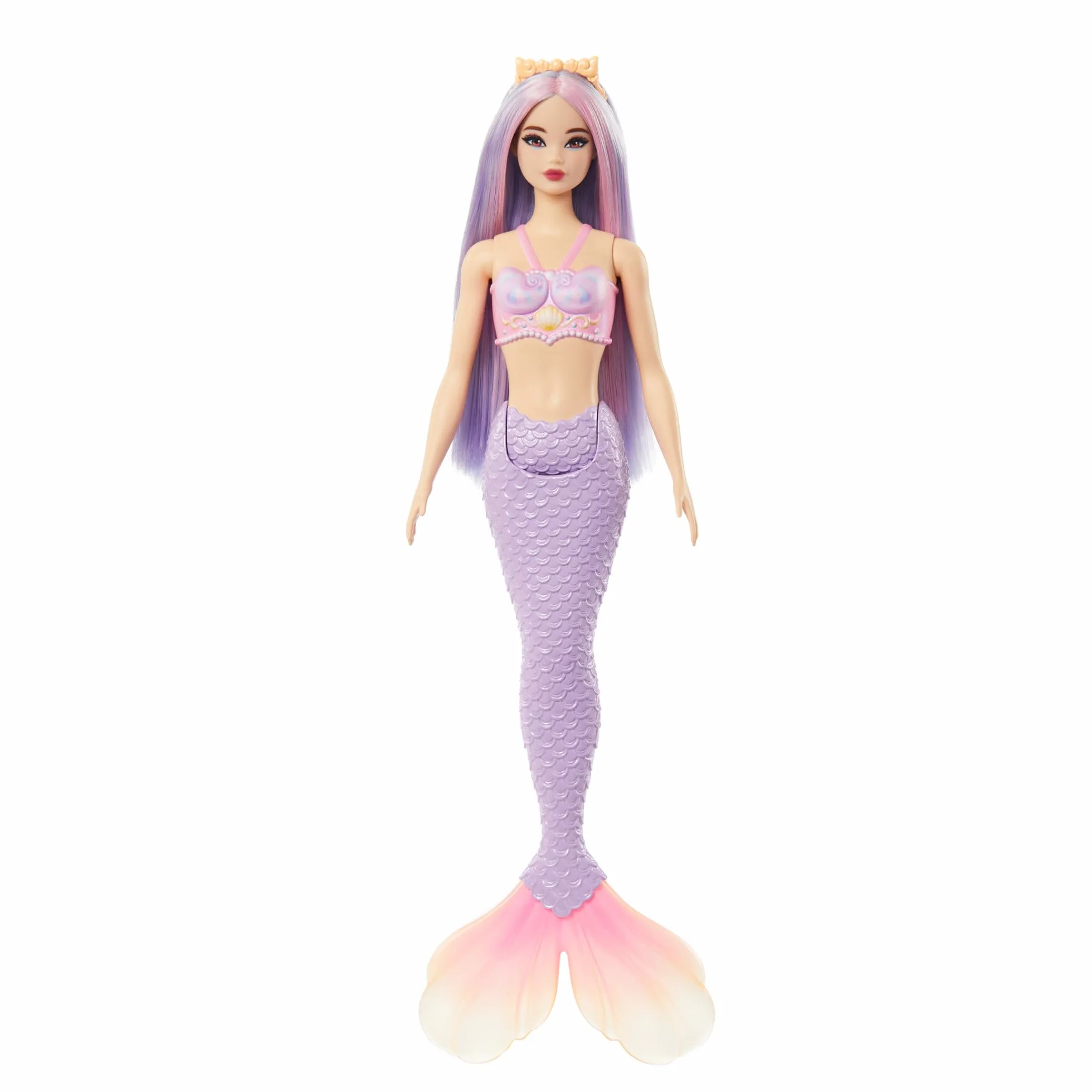 Barbie Syrenka podstawowa Lalka z długimi fioletowymi włosami, opaską do włosów, muszelkowym topem i lawendowym ogonem, HRR06