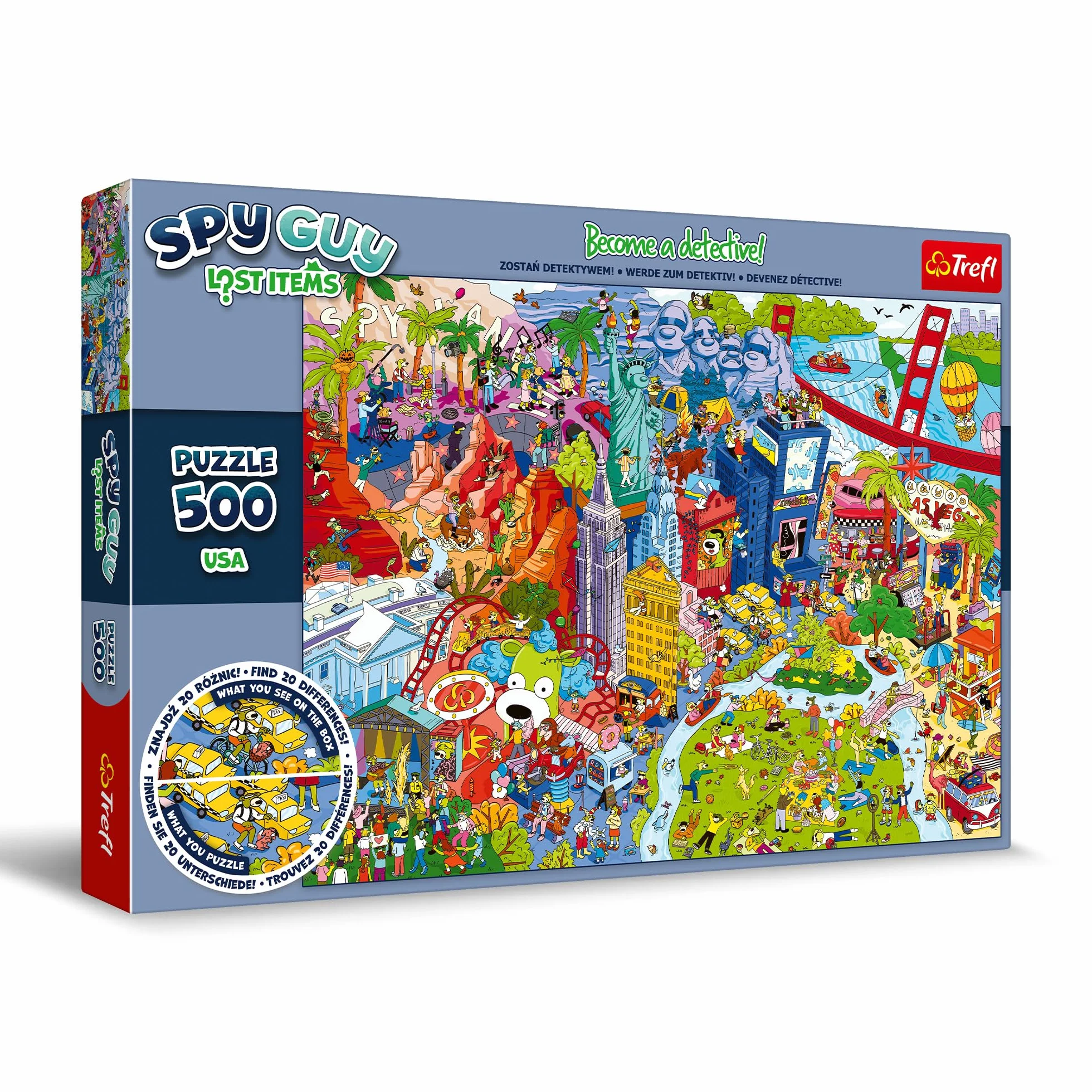 Trefl - Puzzle Spy Guy Lost Items: USA - 500 Elementów, Zostań Detektywem i Znajdź 20 Różnic, Zagubione Przedmioty, Kreatywna Rozrywka dla Dorosłych i Dzieci od 10 Lat