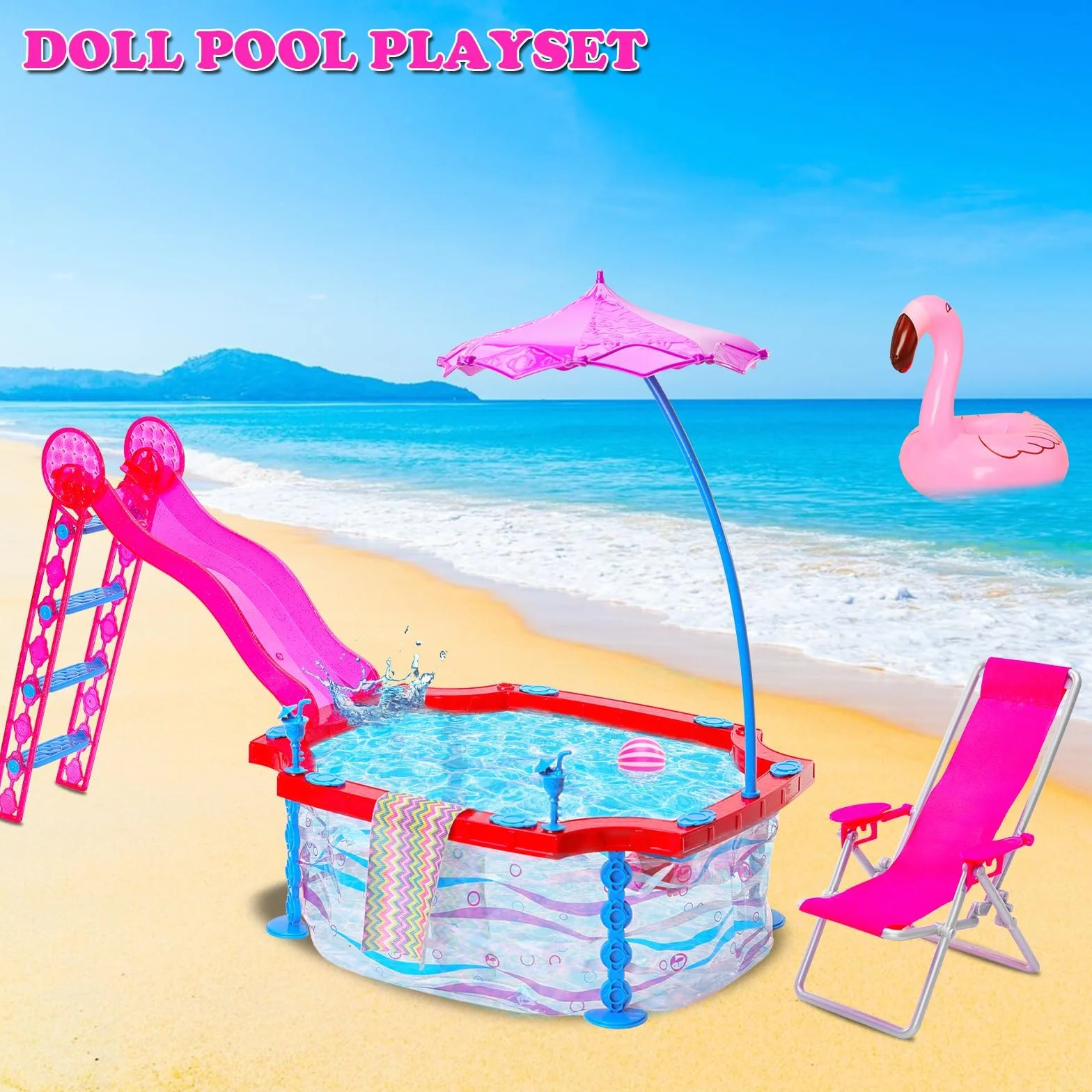 Glam zestaw do zabawy 30 cm, dla dziewczynek, zestaw do zabawy, zawiera basen ze zjeżdżalnią, kostium kąpielowy, strój kąpielowy, bikini, krzesło plażowe, okulary, ręcznik, koło do pływania i inne