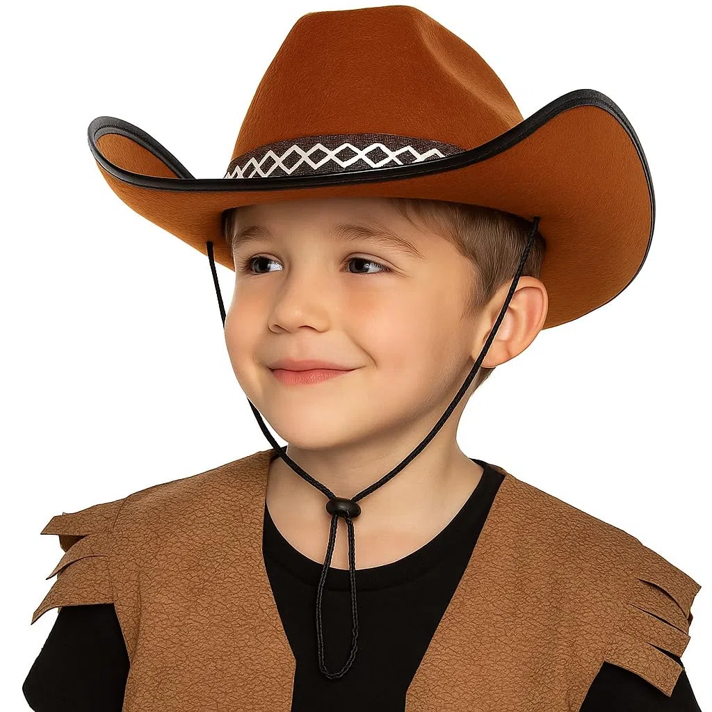 Boland 54370 - Kapelusz dziecięcy Kowboy Junior, brązowy, obszycie, sznurek do kapelusza, jeden rozmiar, karnawał, Halloween, karnawał, impreza tematyczna, kostium, teatr, przebranie, akcesoria