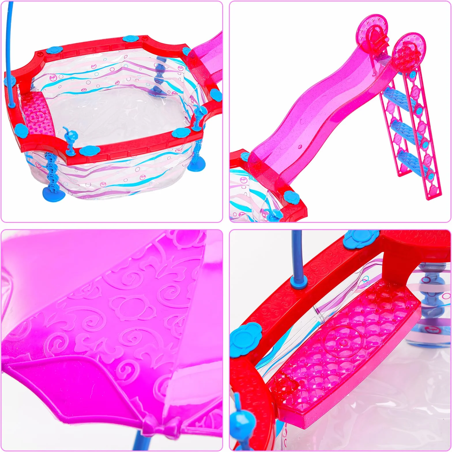 Glam zestaw do zabawy 30 cm, dla dziewczynek, zestaw do zabawy, zawiera basen ze zjeżdżalnią, kostium kąpielowy, strój kąpielowy, bikini, krzesło plażowe, okulary, ręcznik, koło do pływania i inne
