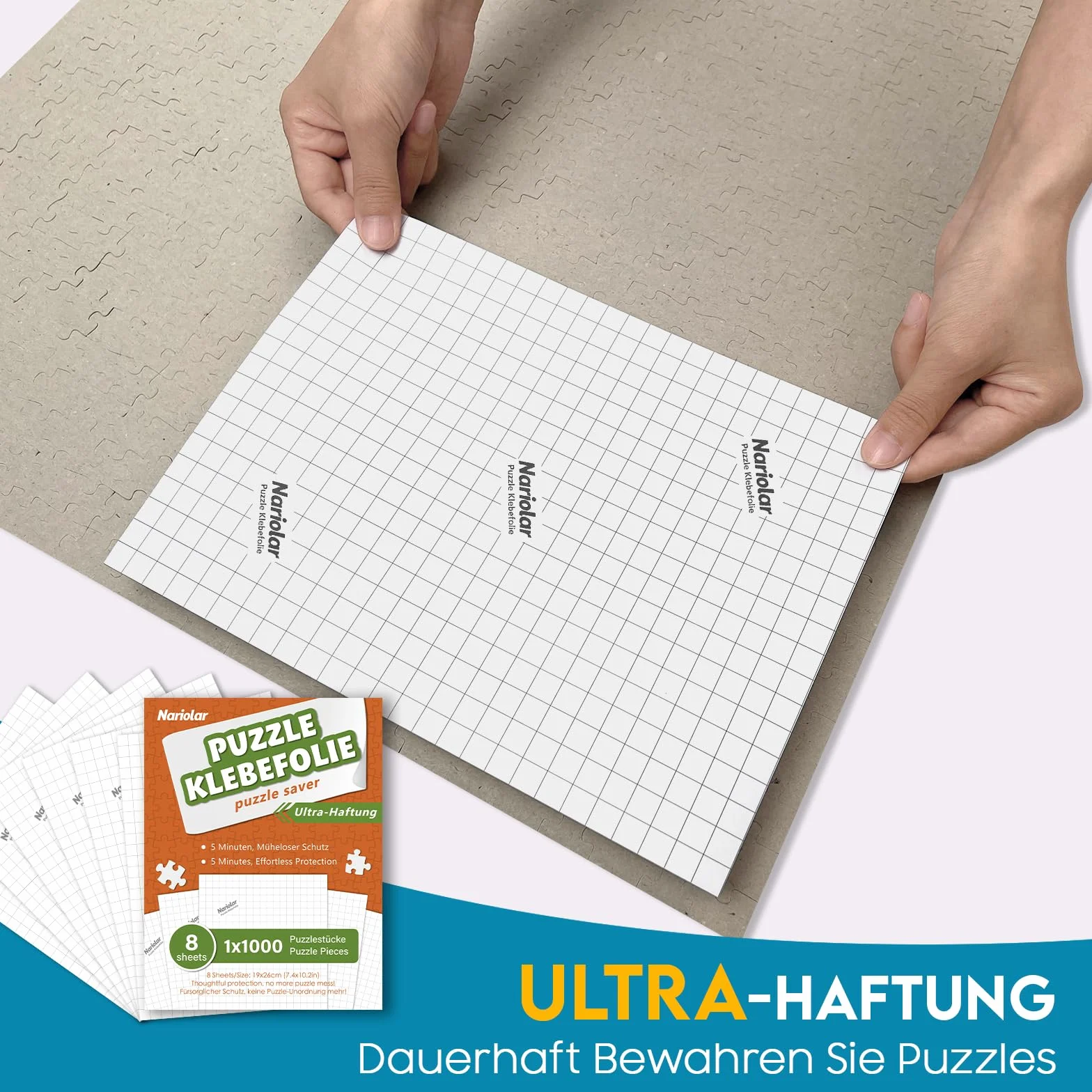 Nariolar Ultra-przyczepna folia samoprzylepna, 8 super kleju do puzzli, do uzyskania 1000 elementów puzzli i ochrony puzzli w ciągu zaledwie kilku minut