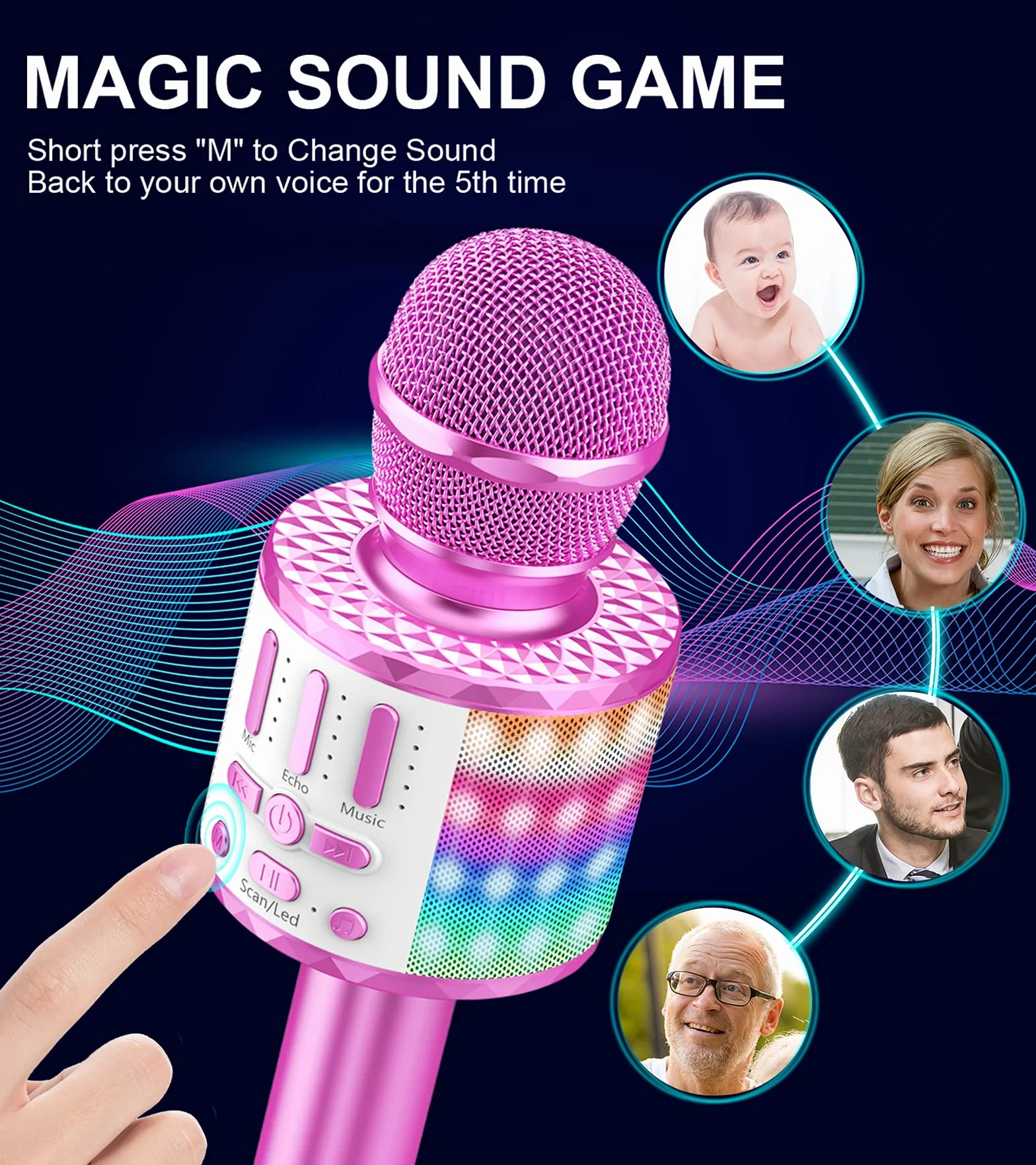 Mikrofon do karaoke, bezprzewodowy mikrofon Bluetooth dla dzieci z diodami LED, przenośna maszyna do karaoke do śpiewania, zabawka dla dziewczynek i chłopców, mikrofon karaoke, prezenty