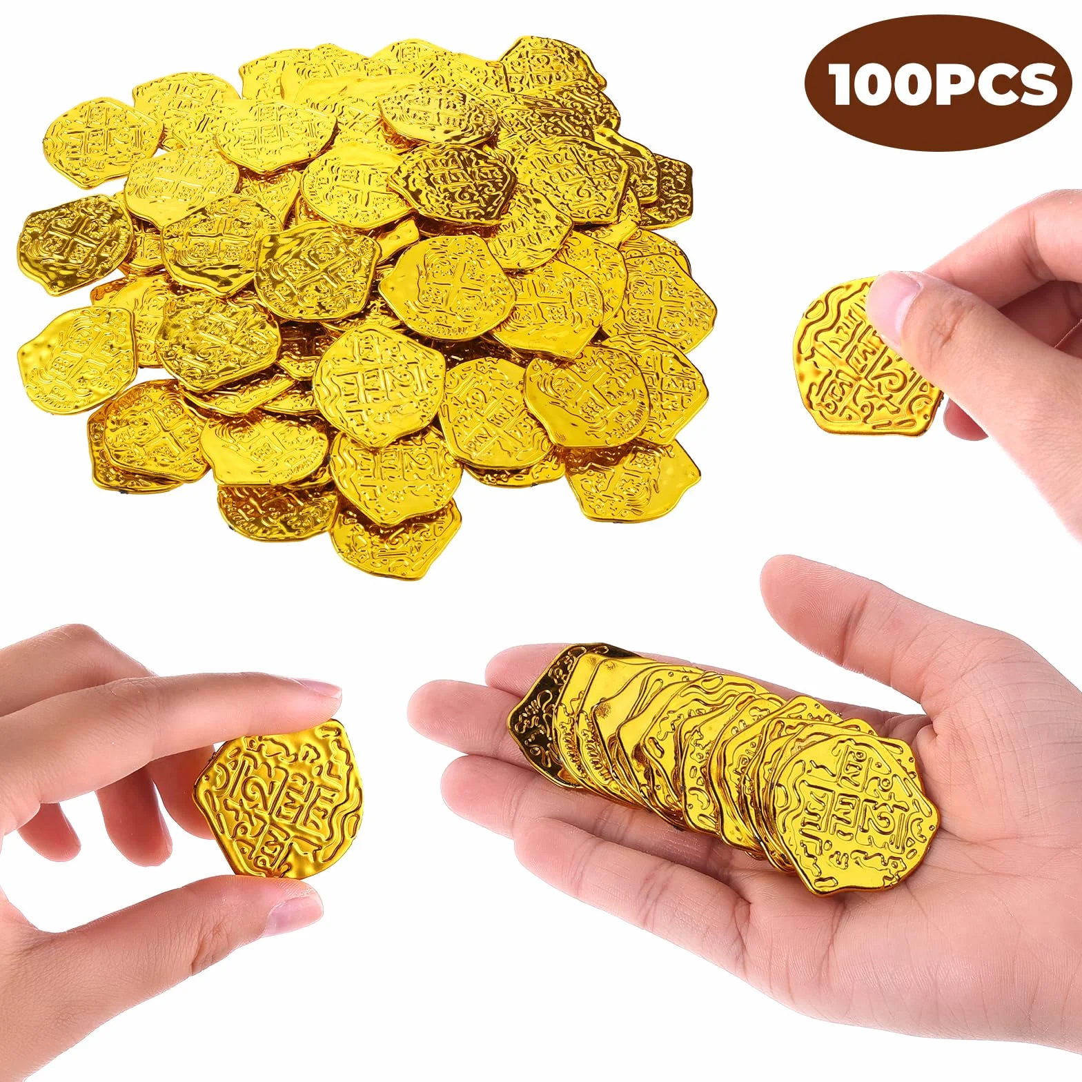 Lusofie 100 szt. złotych monet pirackich skarbów plastikowych monet replika hiszpańskich dublonów do dekoracji imprez pirackich, gier, wydarzeń o tematyce przygodowej