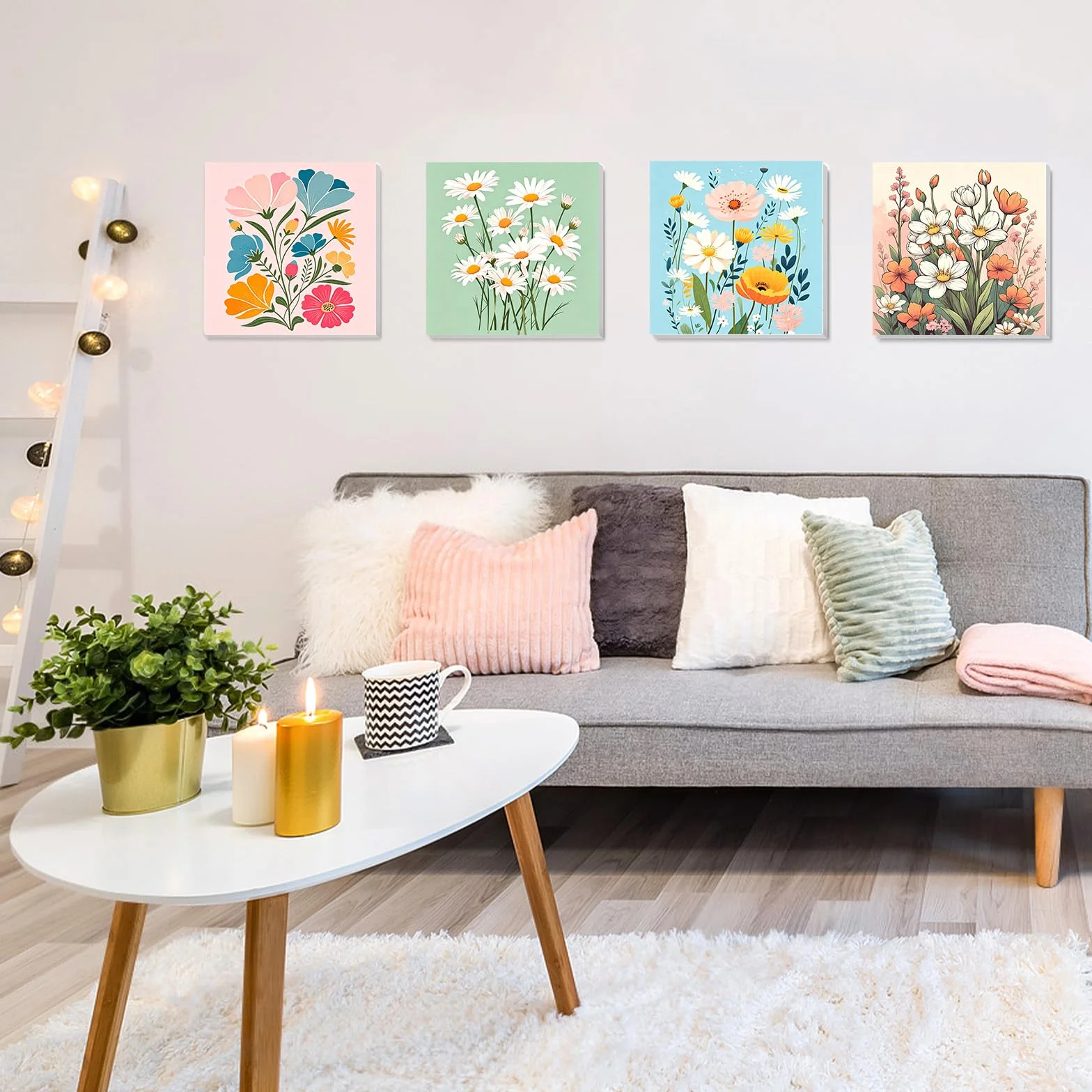 BOWETILE 4 sztuki krajobrazu, malowanie według liczb, dla dzieci z ramą, malowanie liczbami kwiatowymi dla dzieci z ramką od 4-8-12+, zestaw do majsterkowania na płótnie z pędzlami i pigmentem