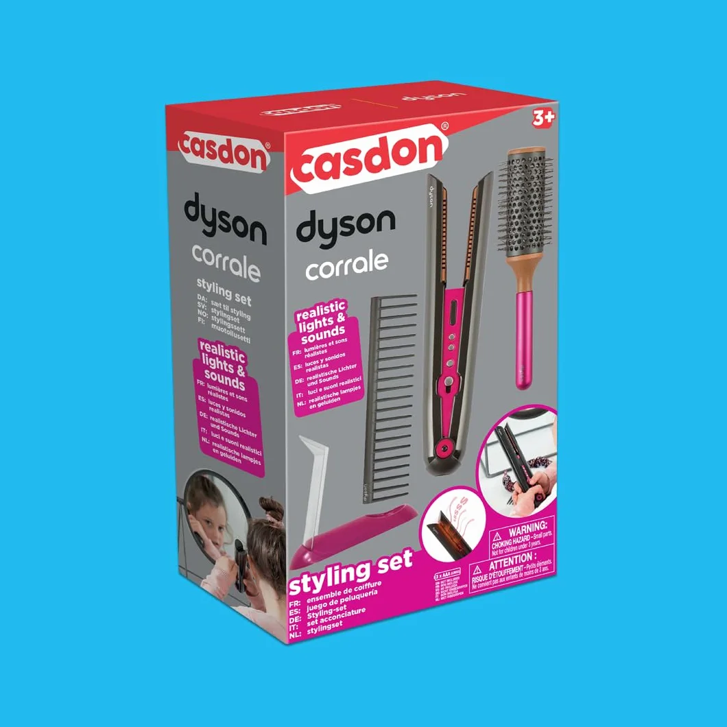 Casdon 73352 Dyson Corrale zestaw do stylizacji | bezpieczna prostownica do zabawek dla dzieci od 3 lat | z realistycznymi światłami i dźwiękami