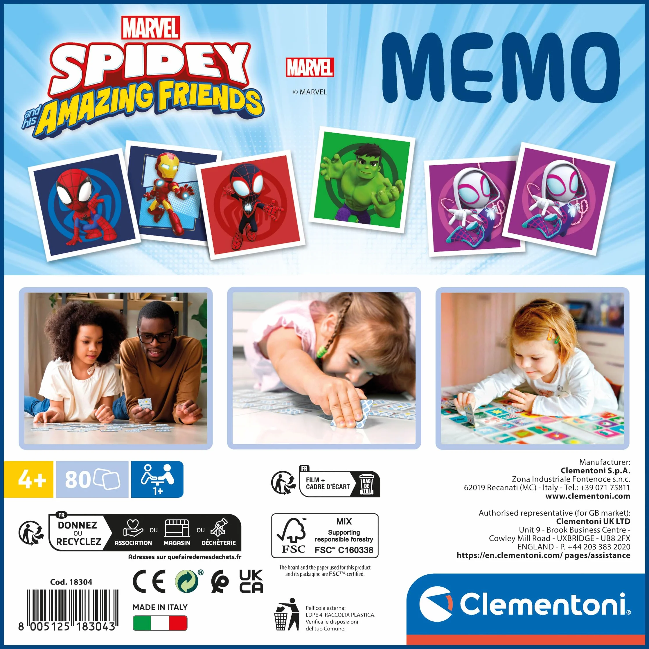 Clementoni gra edukacyjna Memo Marvel Spidey and His Amazing Friends 80 płytek - dla dzieci 4 lata, wyprodukowano we Włoszech 18304