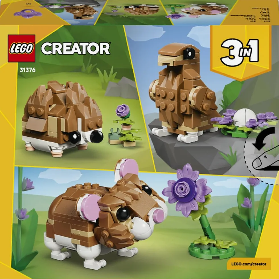 LEGO Creator 3in1 Cute Hamster with a Flower Toy - Animal Figure Transforms into a Hedgehog or Eagle - DIY Room Decor Idea - Birthday Gift for 7+ Year Old Girls & Boys - 31376
