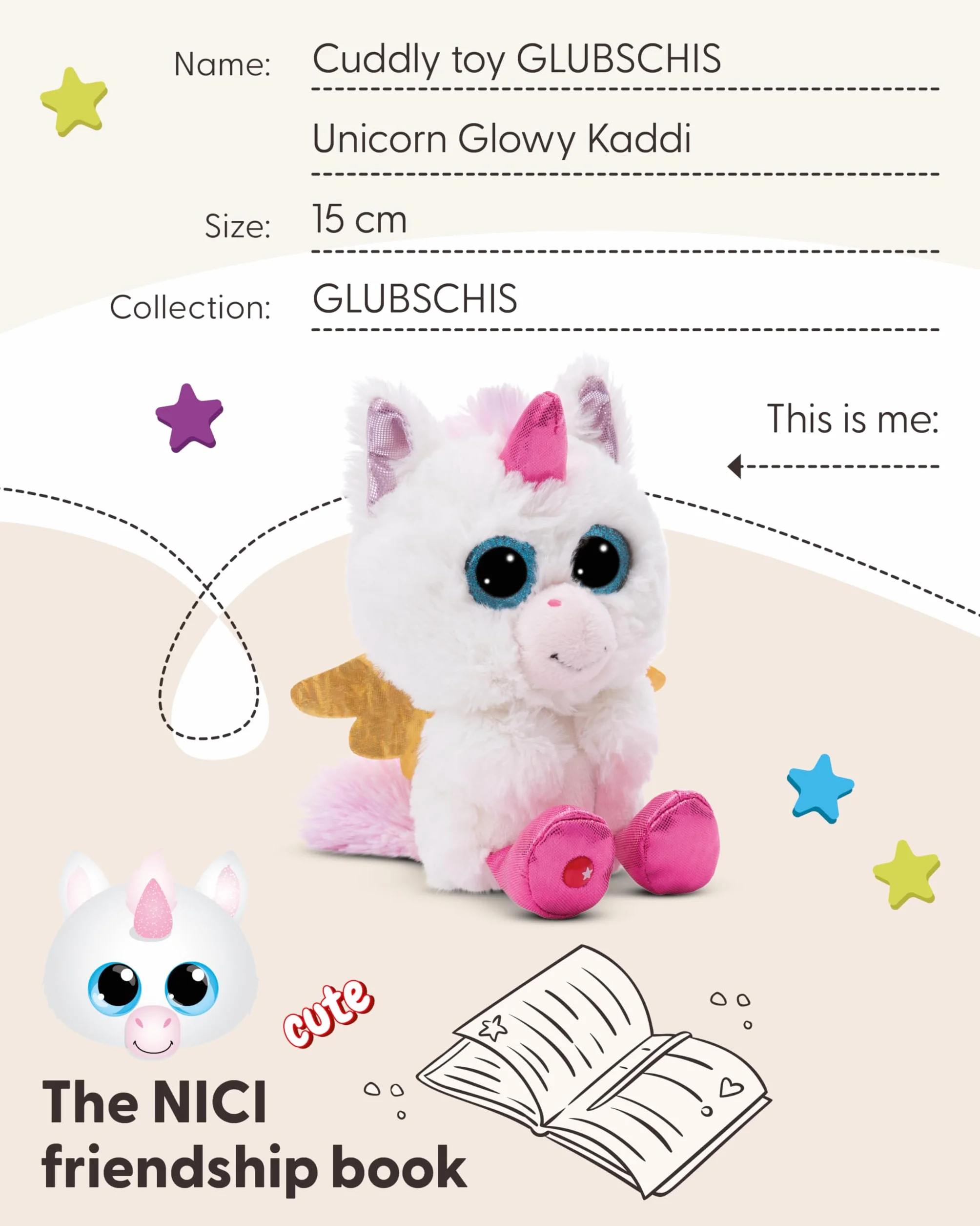 NICI soft toy GLUBSCHIS Unicorn Glowy Kaddi 15cm white - Cuddly cute plush to snuggle and play with, for children & adults, great gift idea - 49695