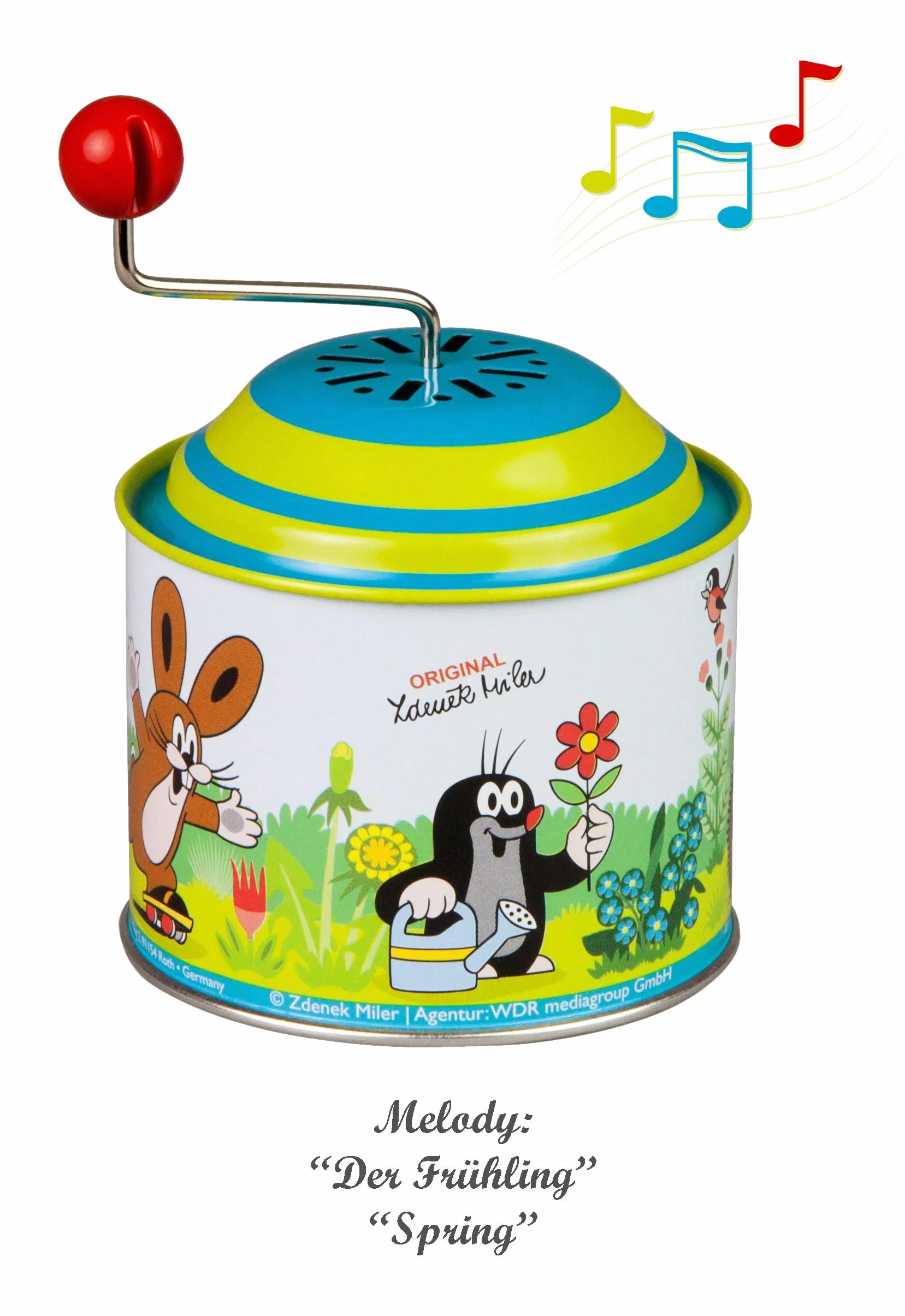 Lena tin Toys 52768 - muzyczna obrotowa puszka z małym kretem, puszka muzyczna ok. 10,5 x 7,5 cm, blaszana tokarka z melodią wiosny, metalowa puszka obrotowa dla dzieci od 18 miesięcy, organy z