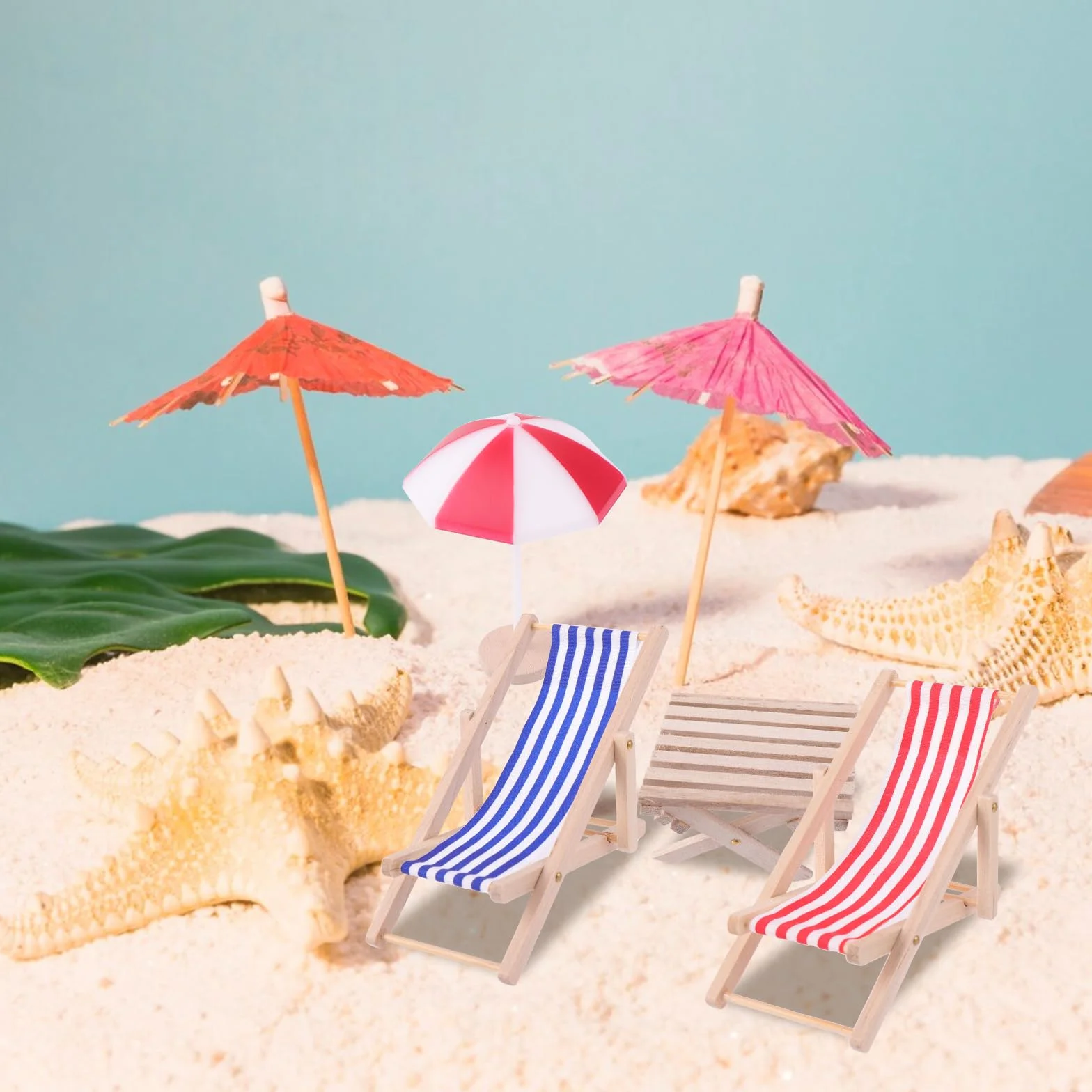 Cobee Miniaturowe krzesło plażowe do domku dla lalek, 4 szt., 1:12, plaża, miniaturowy domek dla lalek, dekoracja na zewnątrz, mini lalka, podwójne leżaki, parasol, stół do samodzielnego wykonania