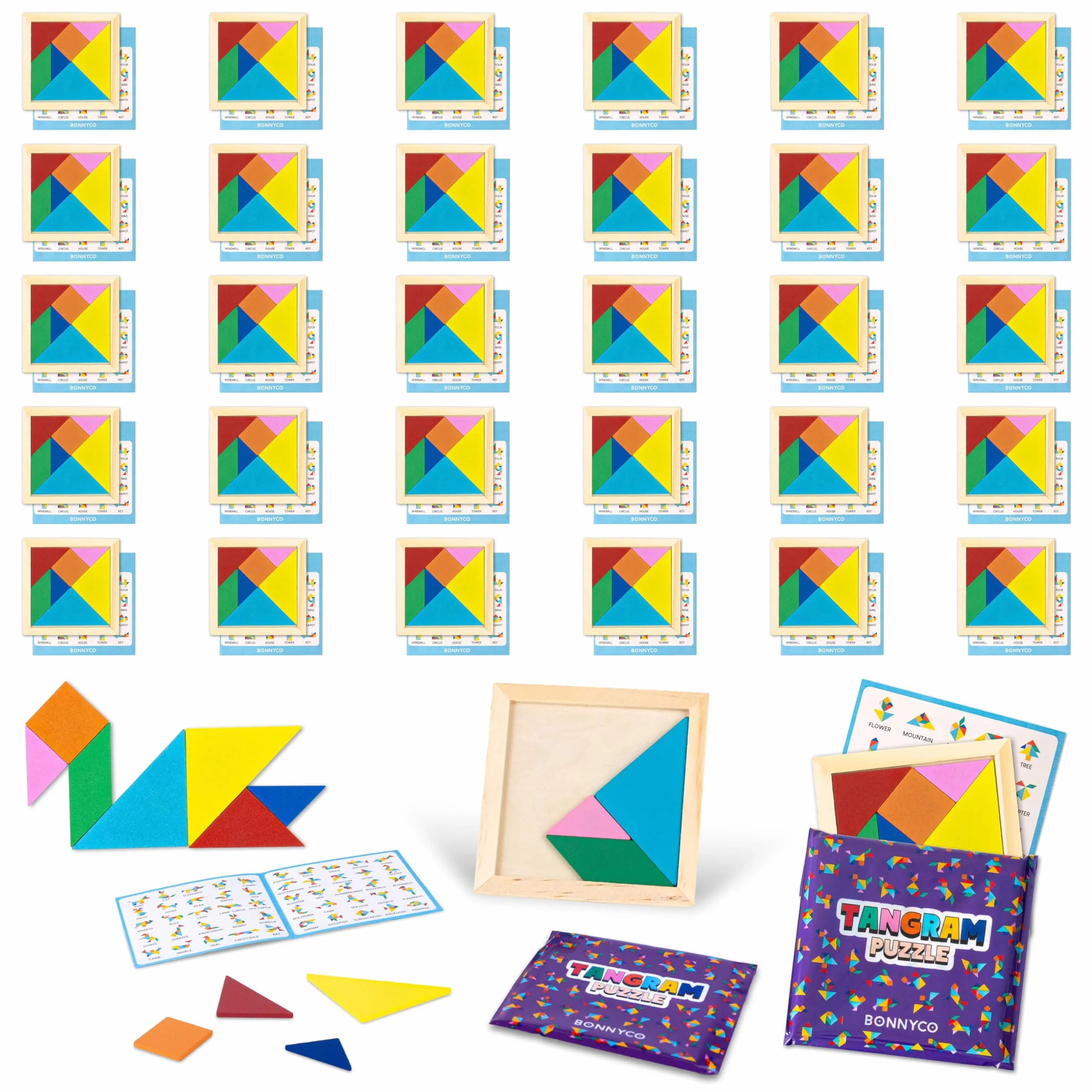 BONNYCO Puzzle Tangram dla Dzieci Pakiet 30 Wypełniaczy do Torebek Imprezowych Unisex. Wypełniacze do Torebek Imprezowych Dla Maluchów. Prezenty na Przyjęcia Dzieci