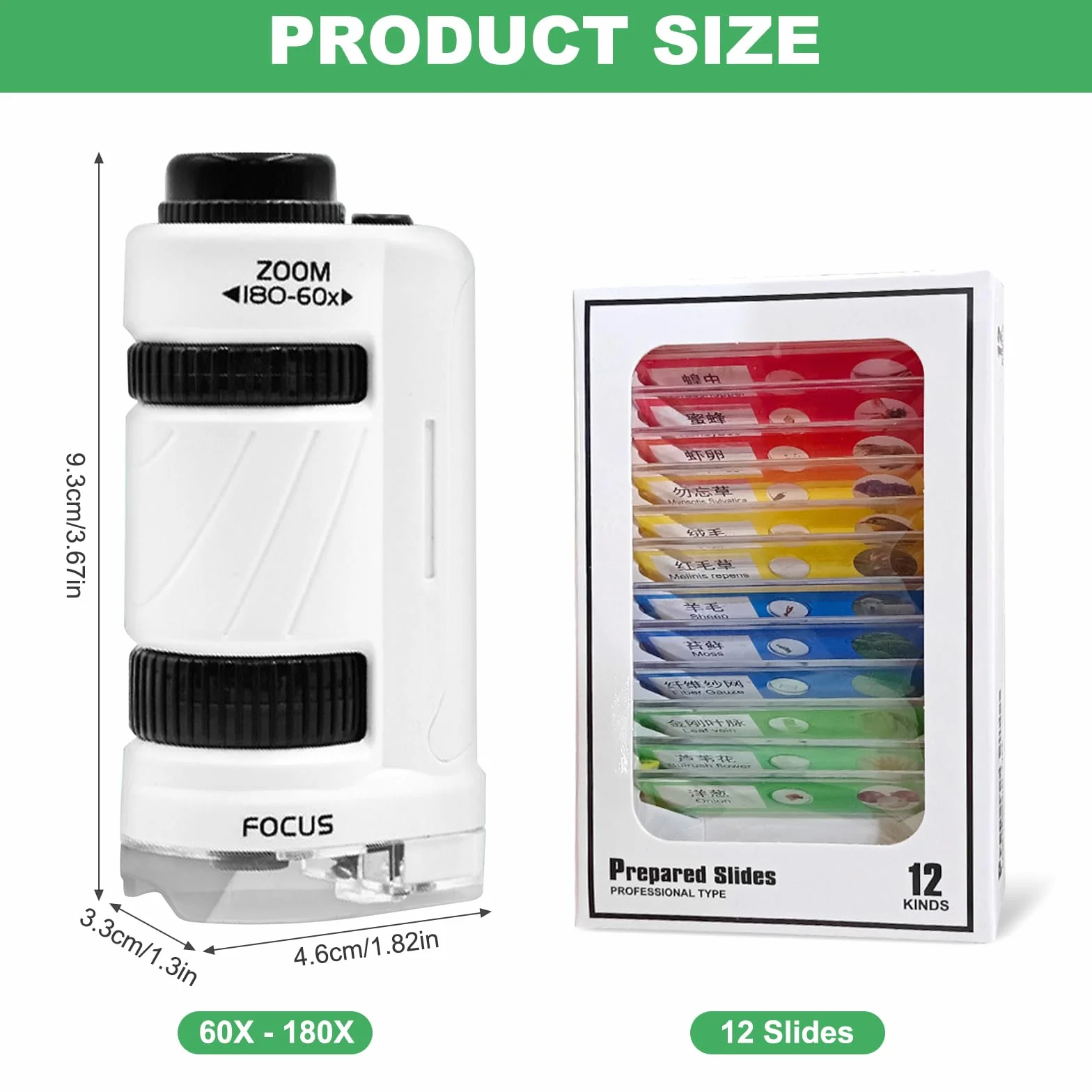 LangRay Mikroskop dziecięcy 60X-180X LED, 12 kieszonkowych szklanych drzwi, przenośny, kieszonkowy mini mikroskop do szkoły eksperymentalnej dla dzieci