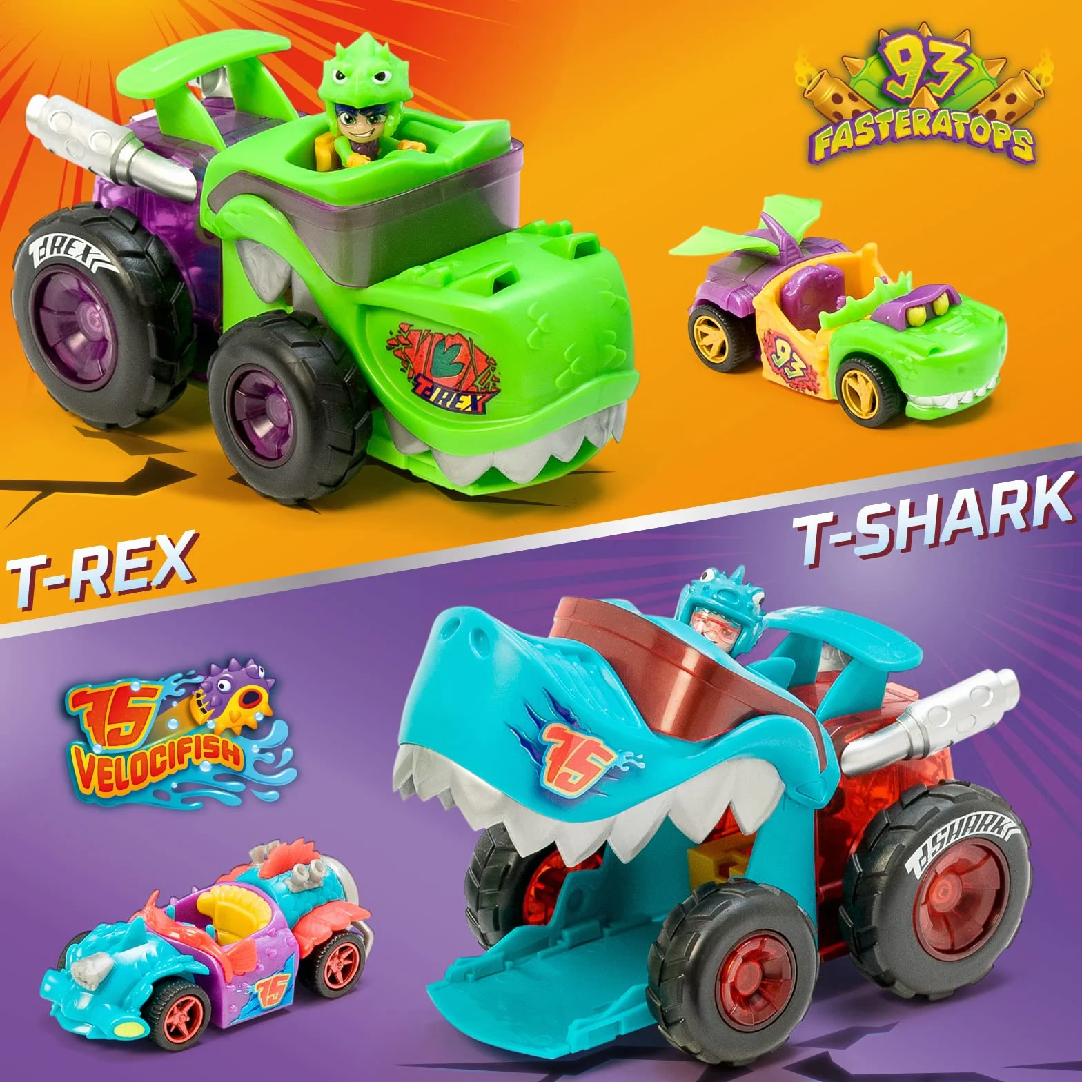 T-Racers Mega Wheels T-Shark, Wyrzutnia samochodów z 1 ekskluzywnym kierowcą i 1 ekskluzywnym pojazdem. Kompatybilny z innymi samochodami z serii T-Racers.