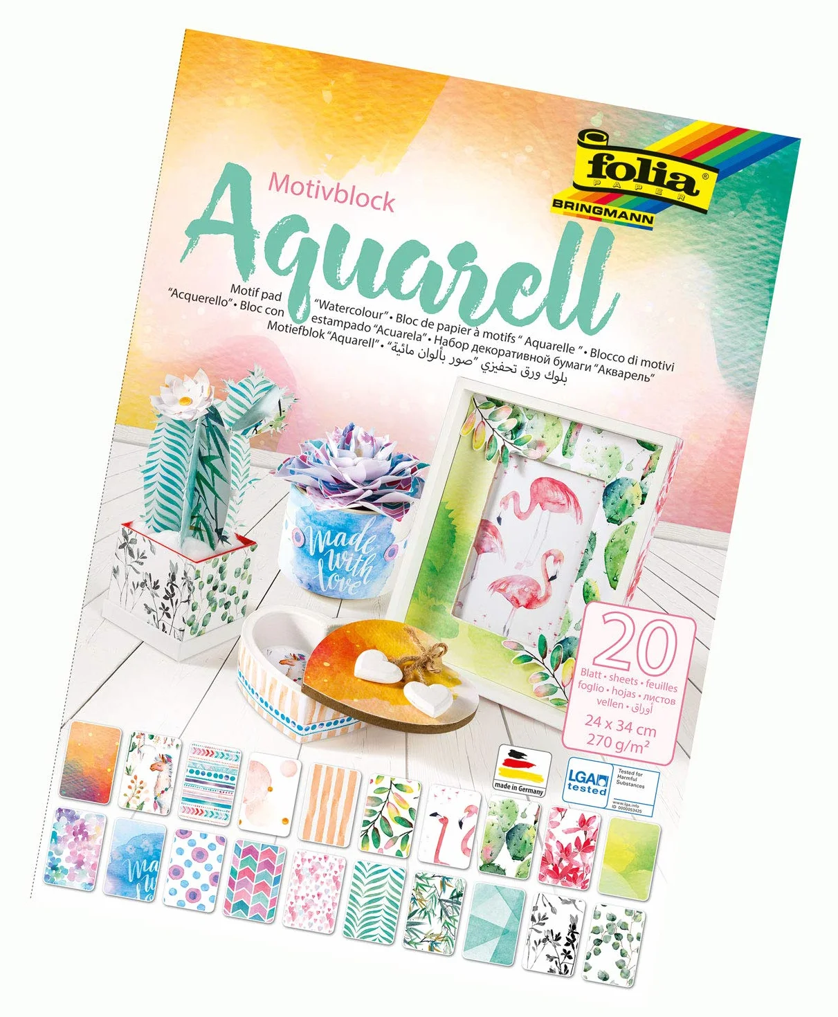 folia 48749 - blok z motywem akwareli, 20 arkuszy, ok. 24 x 34 cm, 270 g/m², posortowany w 20 różnych motywach - do majsterkowania i kreatywnego tworzenia kart, obrazów okiennych i do scrapbookingu