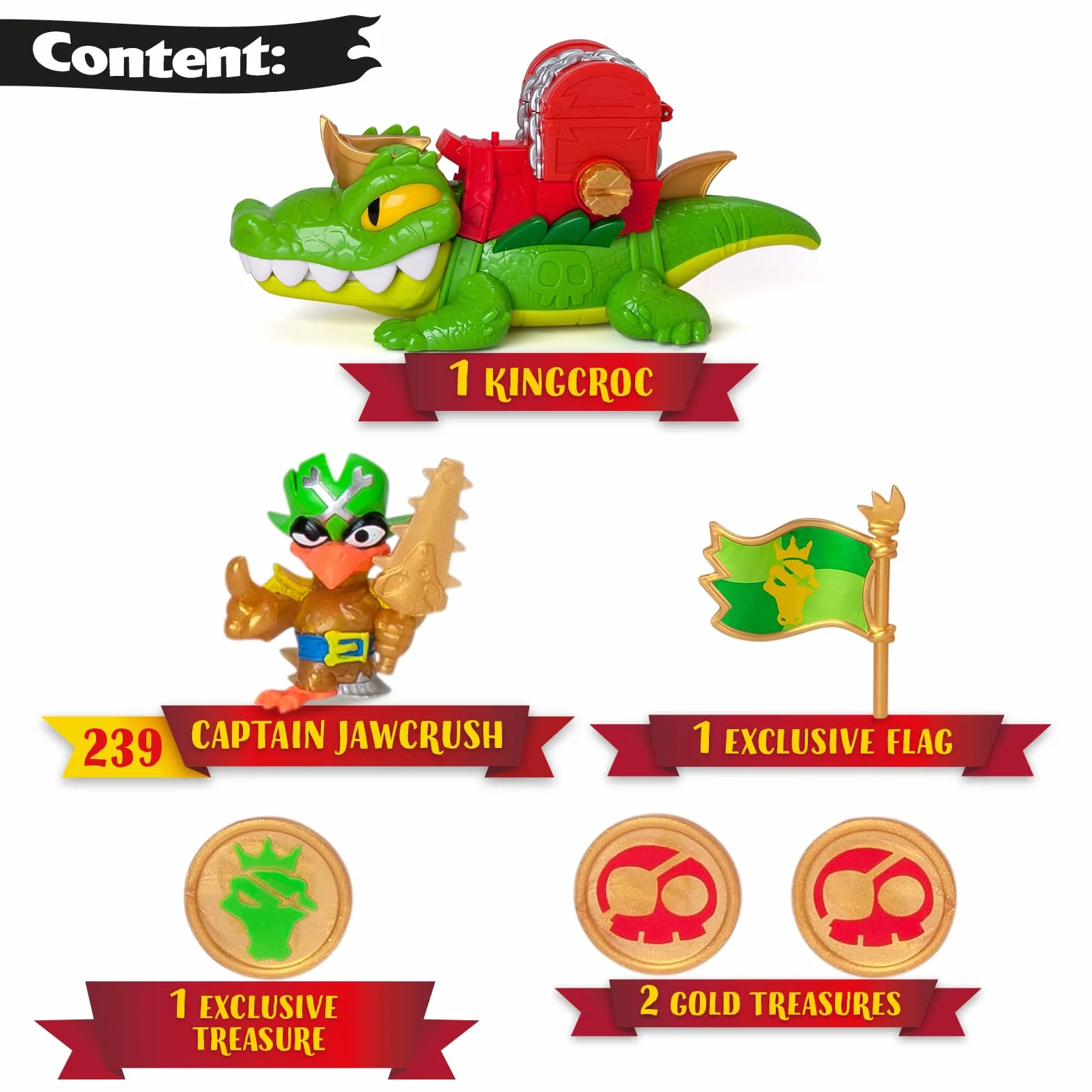 PIRATIX King Croc – krokodyl z ruchomą paszczą do chwytania Piratixów ze skrzynią na skarby. Zawartość:1 krokodyl, 1 extra moneta, 2 dodatkowe złote monety,1 ekskluzywny Piratixa i 1 akcesorium.