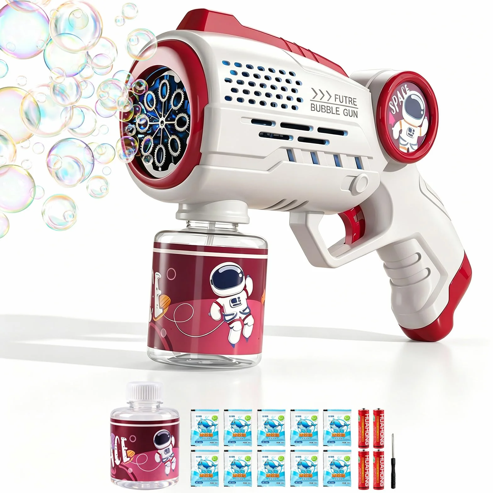Maszyna do baniek mydlanych dla dzieci, pistolet do baniek mydlanych z oświetleniem LED i zbiornikiem 100 ml, automatyczny pistolet do baniek mydlanych, 10 opakowań w płyn, do zabawy na świeżym