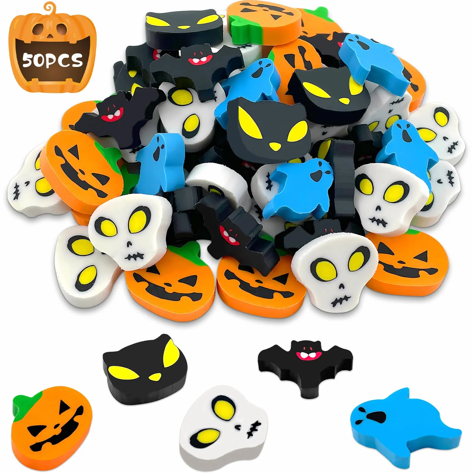 50 Sztuk Mini Gumek do Ścierania na Halloween - Dynia i Czaszka - Prezent dla Dzieci, Biuro i Artykuły Papiernicze