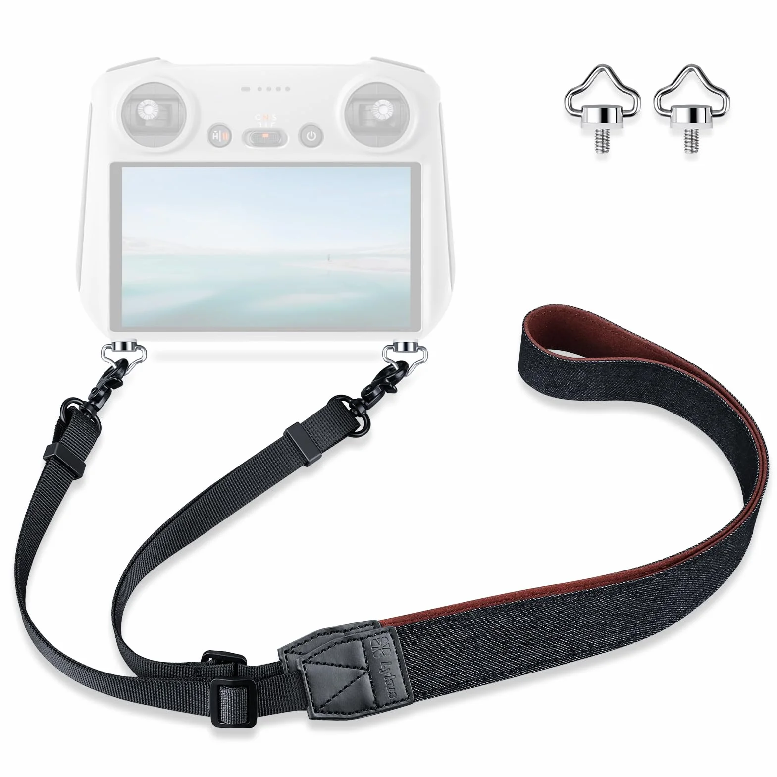 Lykus Smycz/pasek na szyję / smycz do DJI RC/RC 2/RC Pro/RC Plus, czarny pasek, śruby w kształcie korony, kompatybilna z DJI Mini 4 Pro, Air 3, Mini 3/Pro, Mavic 3 Pro/Classic, Czarny pasek + śruby w