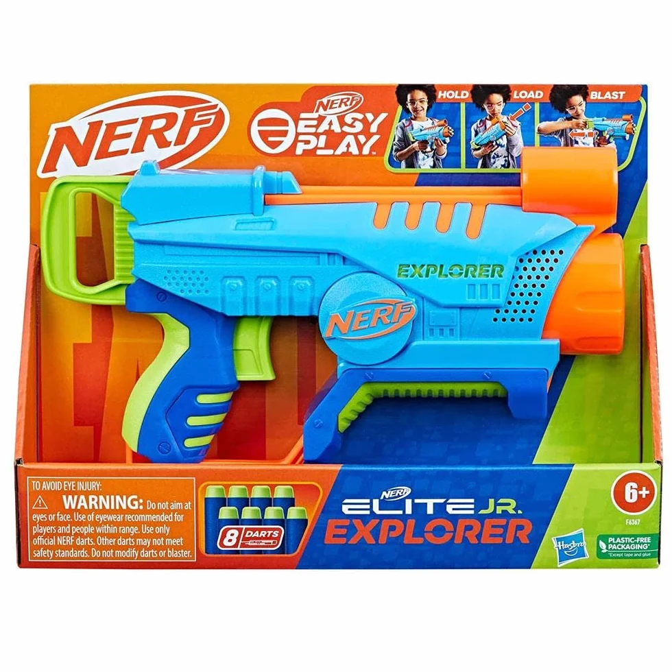 Wyrzutnia Nerf Elite Jr Explorer, łatwa w obsłudze wyrzutnia, łatwe trzymanie, ładowanie i strzelanie, 8 strzałek Nerf Elite, zabawkowe piankowe wyrzutnie dla chłopców i dziewczynek w wieku od 6 lat