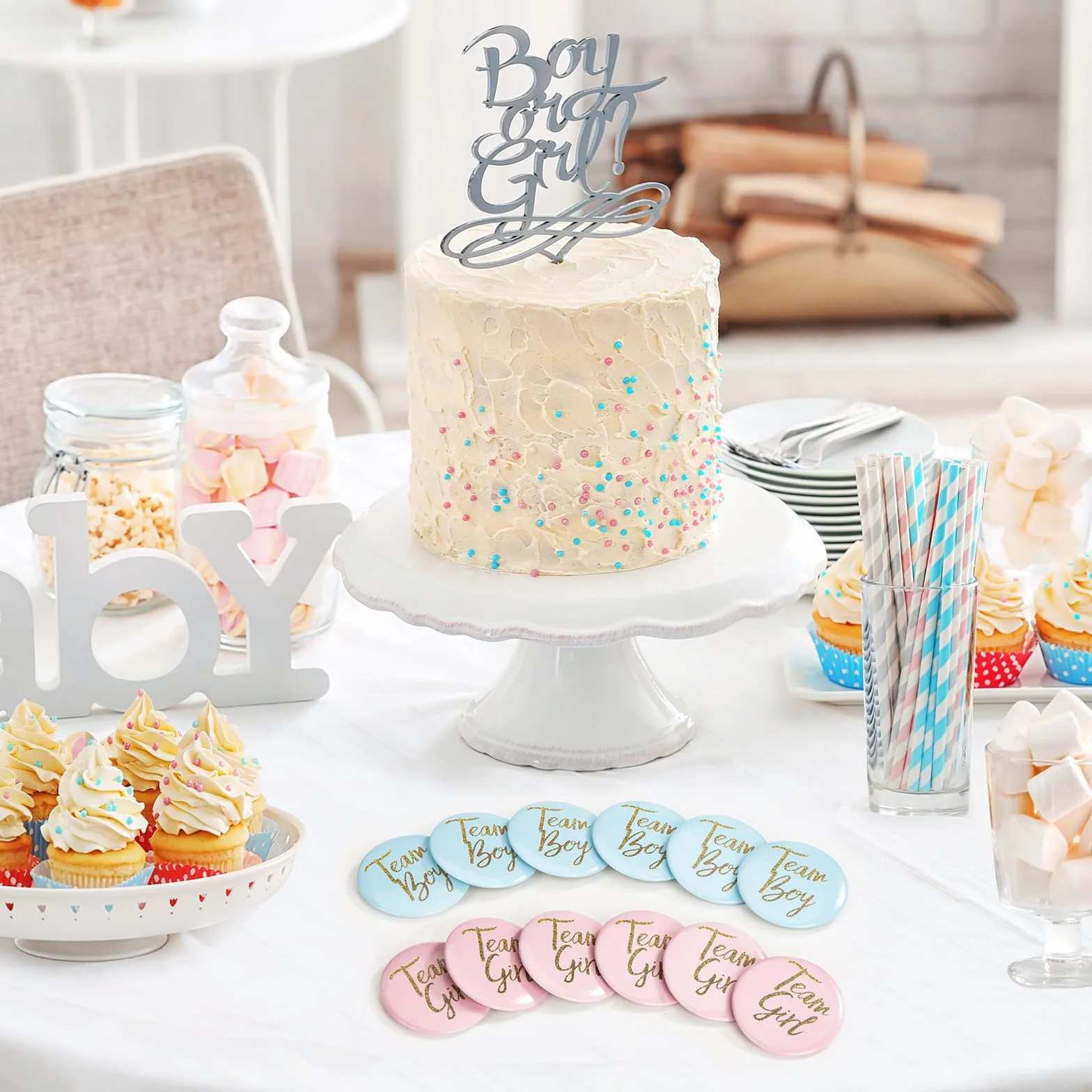 przypinka Team Boy i Team Girl - akcesoria dekoracyjne na baby shower party, 24 sztuki (niebieski i różowy), rednica: 4,5 cm., Żelazo