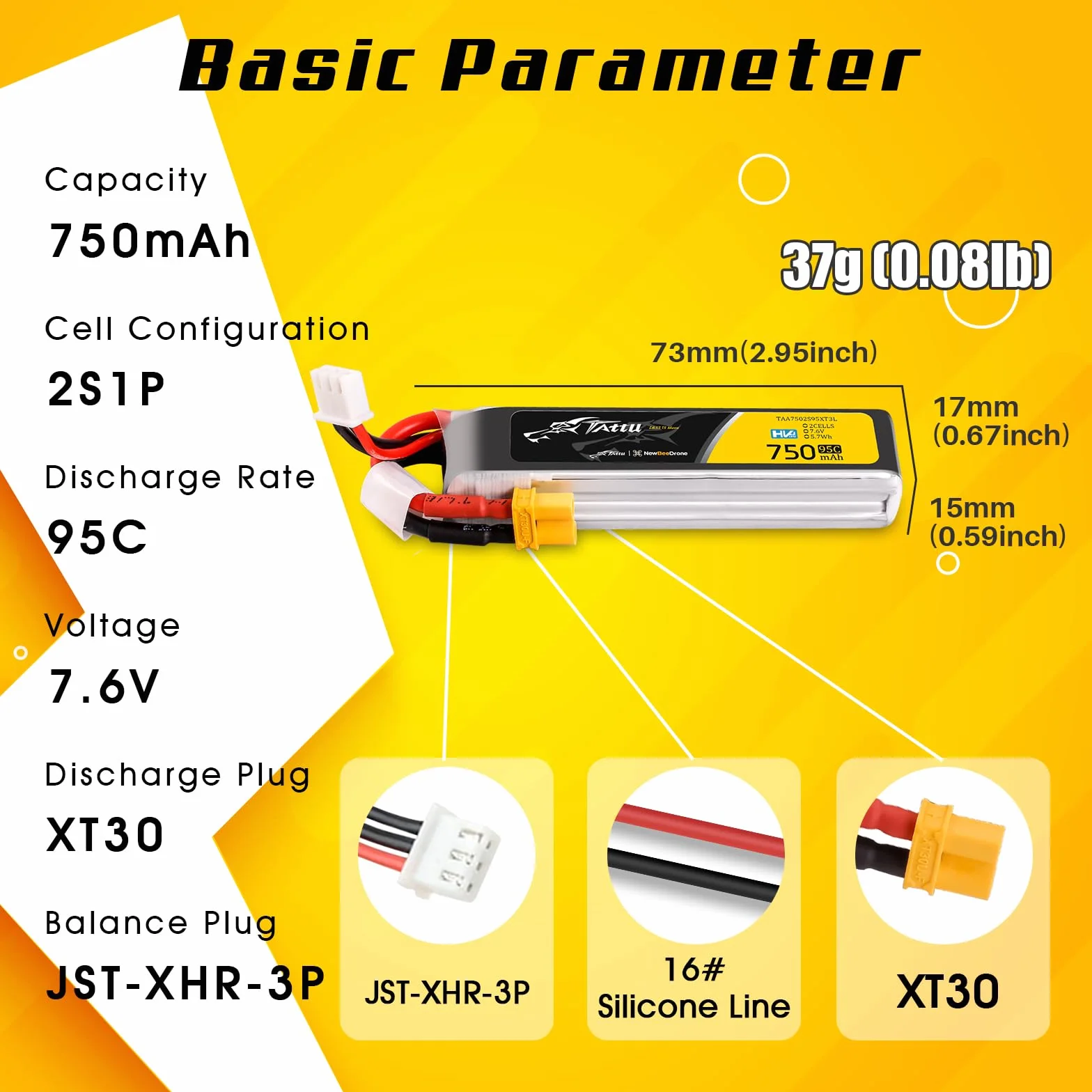 TATTU 2s Lipo akumulator 750mAh 95C 7.6 V HV LiPo Długa kumulator z wtyczką XT30 do samochodu Quadrocopter wyścigowy FPV H z ramą UAV