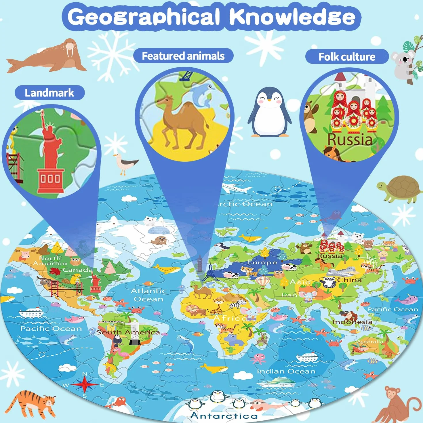 Puzzle dla dzieci, 71 elementów mapy świata puzzle dla 3-latków, okrągłe puzzle dla chłopców i dziewcząt w wieku od 3 do 8 lat, edukacyjne gry edukacyjne, zabawki urodzinowe dla