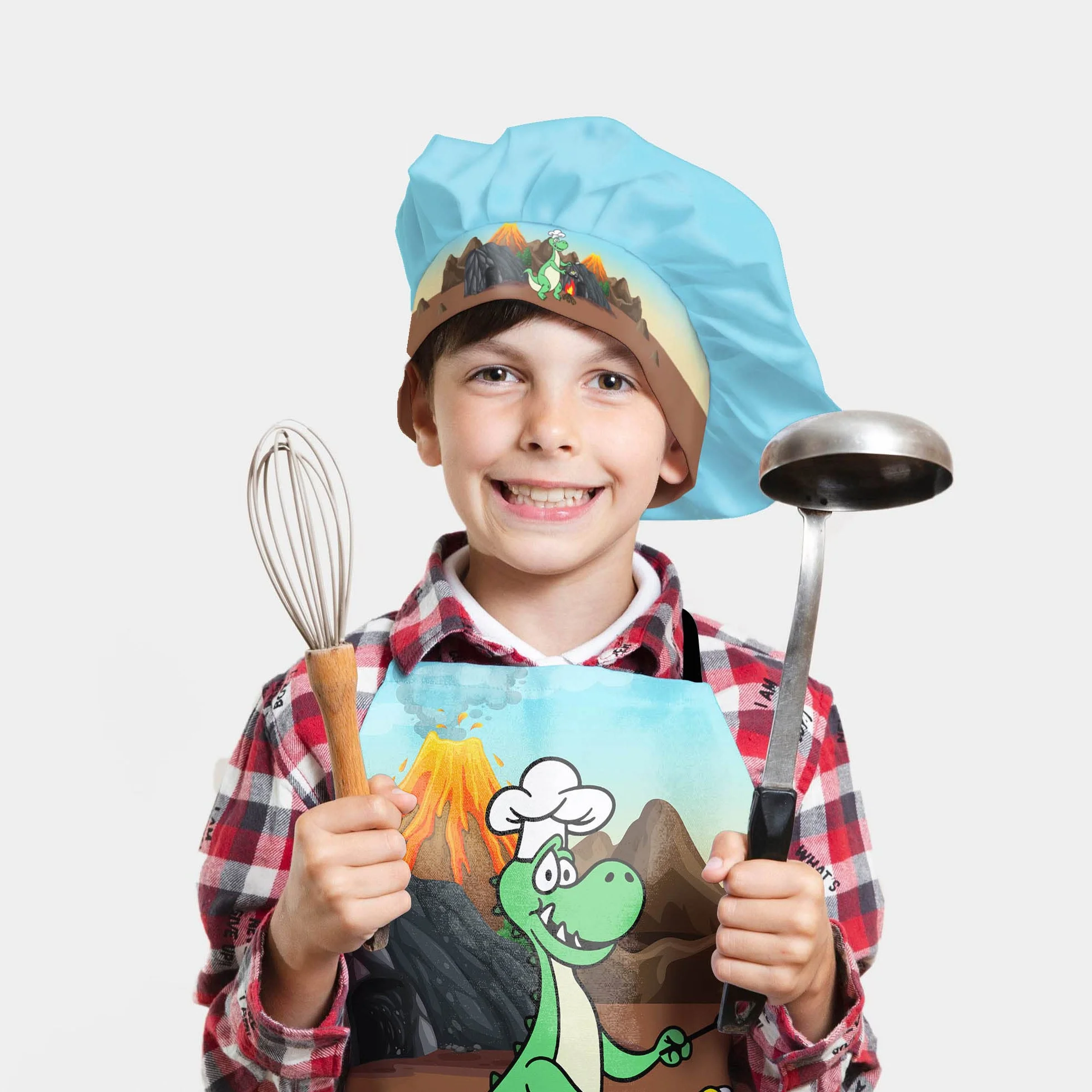 Czapka kucharska + fartuch kucharski zestaw 2-częściowy dla dzieci, dla chłopców, fartuszek kuchenny do gotowania, pieczenia z zapięciem na rzepy Dino [099]