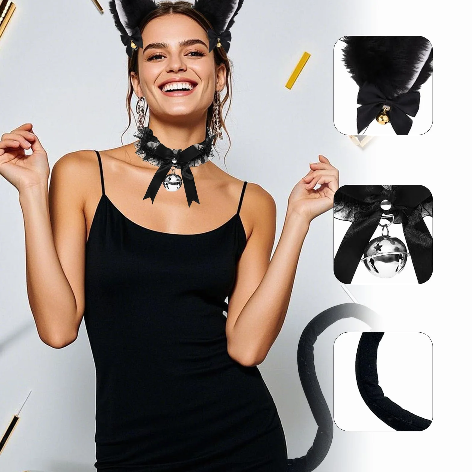 Opaska na włosy z kocimi uszami, kostium damski z dzwoneczkiem, kocim ogonem i kocimi uszami, zestaw cosplay, czarna na Halloween, karnawał, imprezę