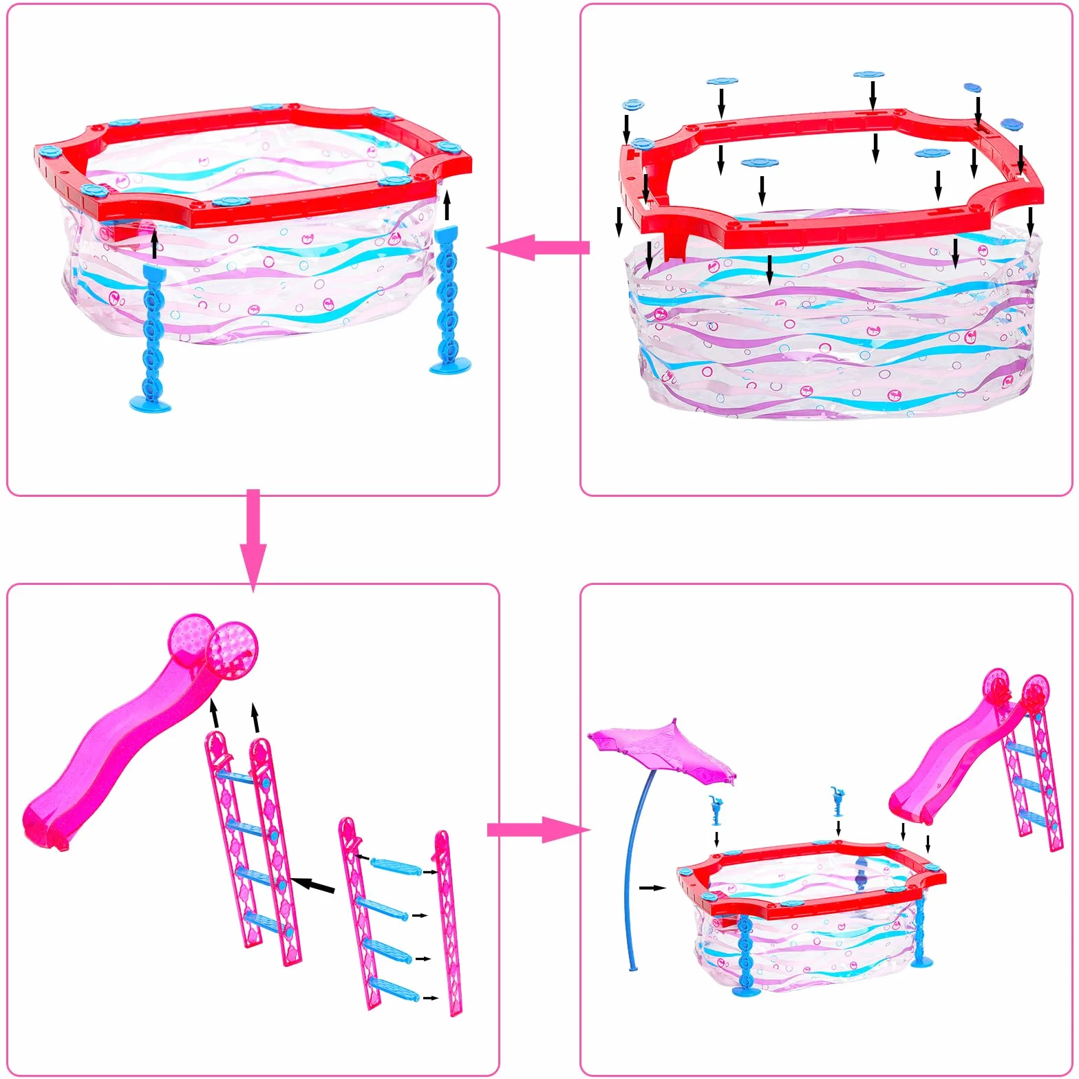 Glam zestaw do zabawy 30 cm, dla dziewczynek, zestaw do zabawy, zawiera basen ze zjeżdżalnią, kostium kąpielowy, strój kąpielowy, bikini, krzesło plażowe, okulary, ręcznik, koło do pływania i inne