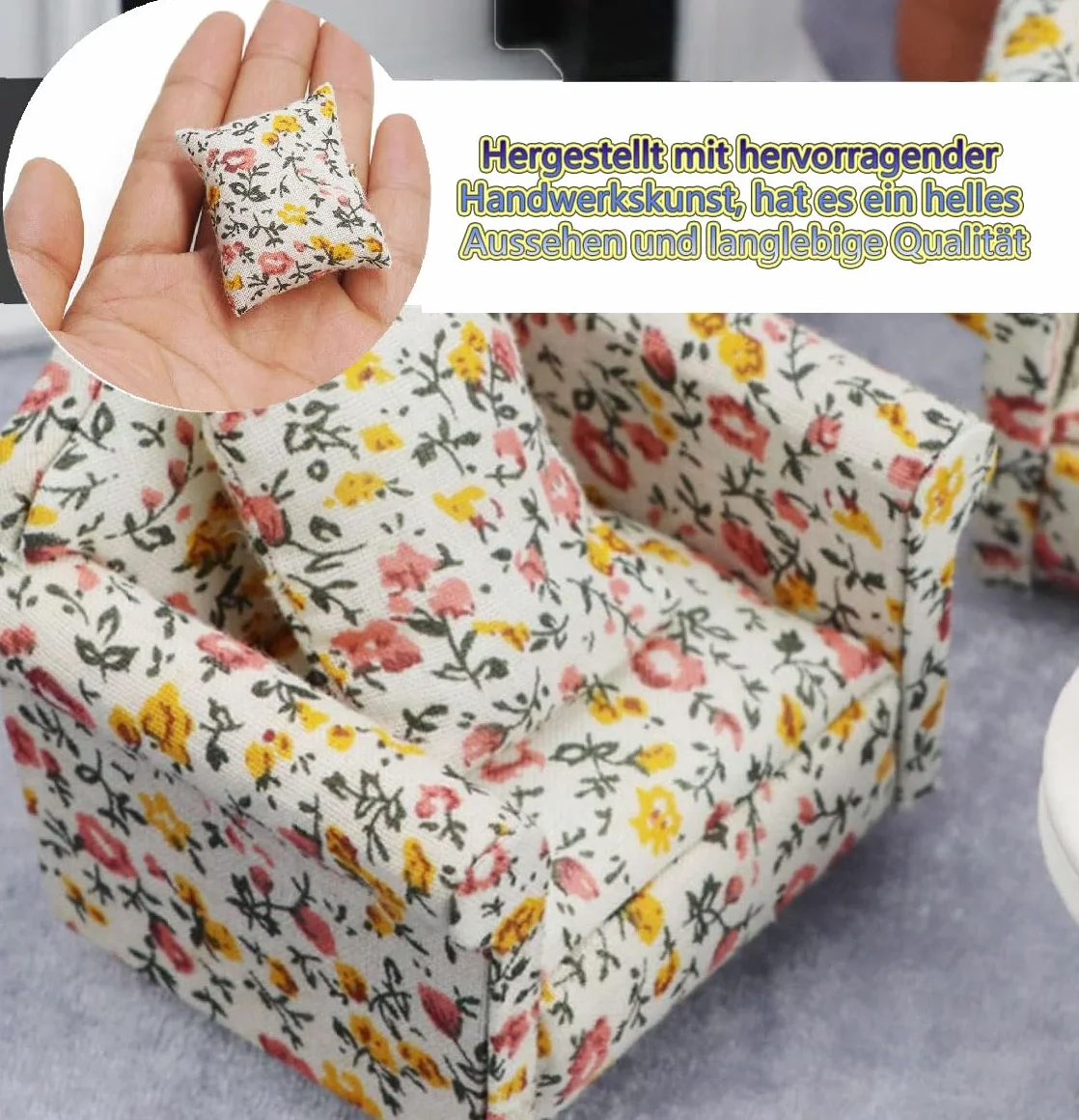 LATRAT Sofa do domku dla lalek, 1:12, miniaturowy mebel, model tkaniny, wzór kwiatowy, kanapa, fotel z poduszkami, akcesoria, wzór kwiatowy, zestaw mini mebli na sofę z poduszką pod plecy, żółte